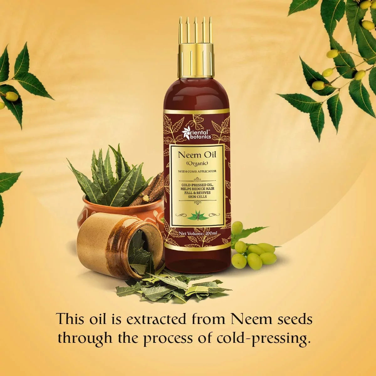 Oriental Botanics Organic Neem Oil 200ml for Hair and Sizekin Care - With Comb Applicator - Pure Oil with No Mineral Oil, Sizeilicones