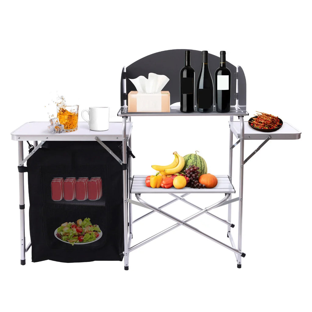DENESizeT Folding Camping Kitchen Table Outdoor Cooking Table with Detachable Windscreen