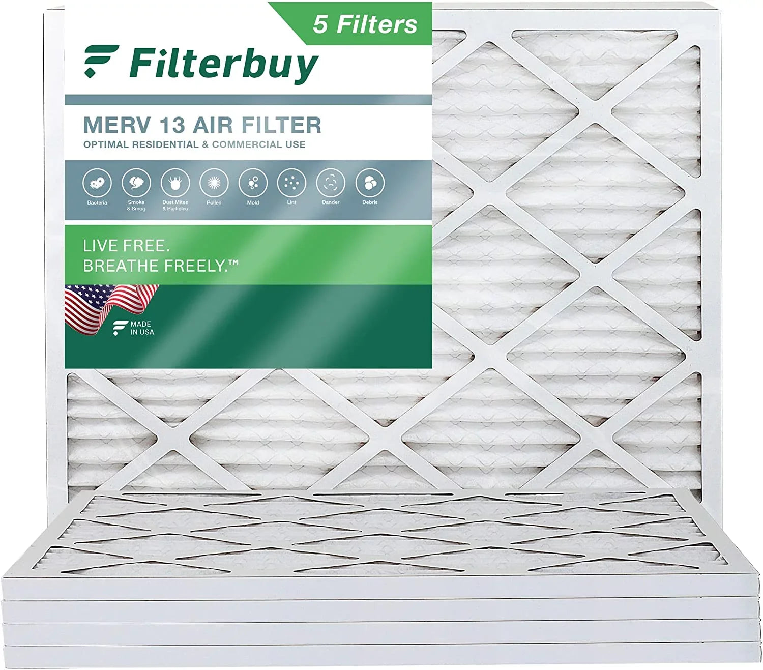 Filterbuy 20x24x1 MERV 13 Pleated HVAC AC Furnace Air Filters (5-Pack)