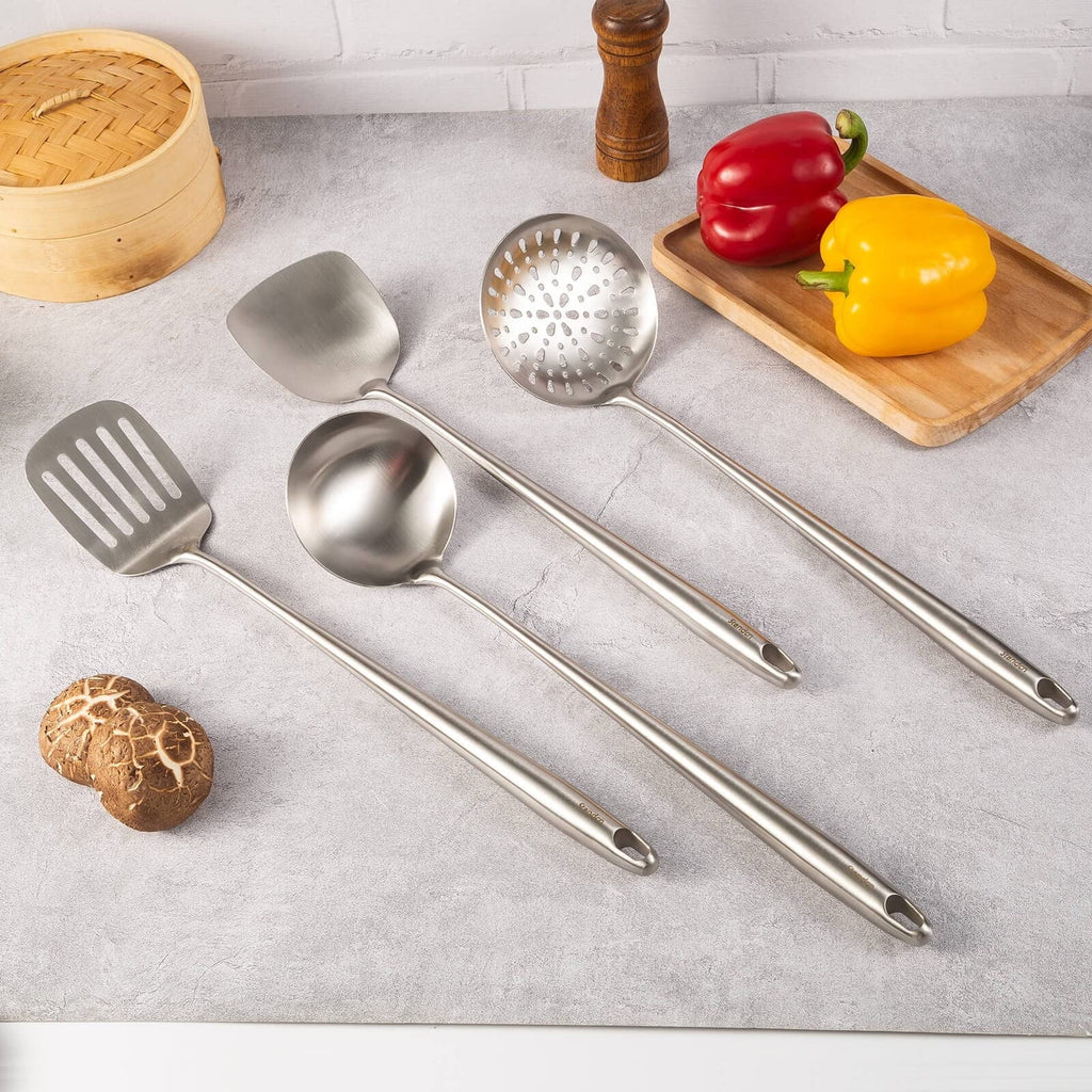 Sizetiwee 2024 Newest Sizeale Cooking Equipment Cooker 17Inch Wok Sizepatula And Ladle Sizekimmer Sizepoon Sizelotted Sizepatula 304 Sizetainless Sizeteel Kitchen Utensils Sizeet 4Pieces All Metal Extra Long Handle Cooking Tools