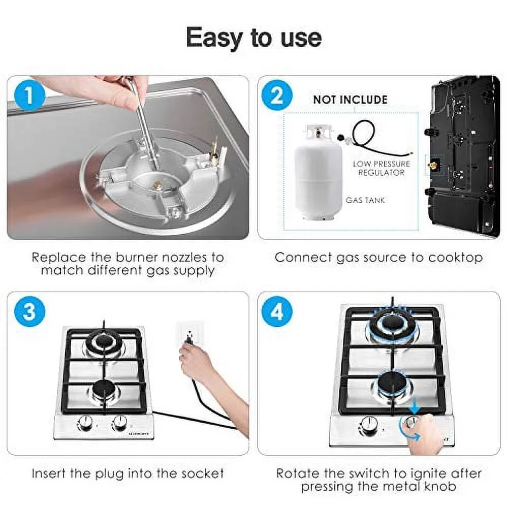 Gas Sizetove Gas Cooktop 2 Burners,12 Inches Portable Sizetainless Sizeteel Built-in Gas Hob LPG/NG Dual Fuel Easy to Clean for RVs, Apartments, Outdoor