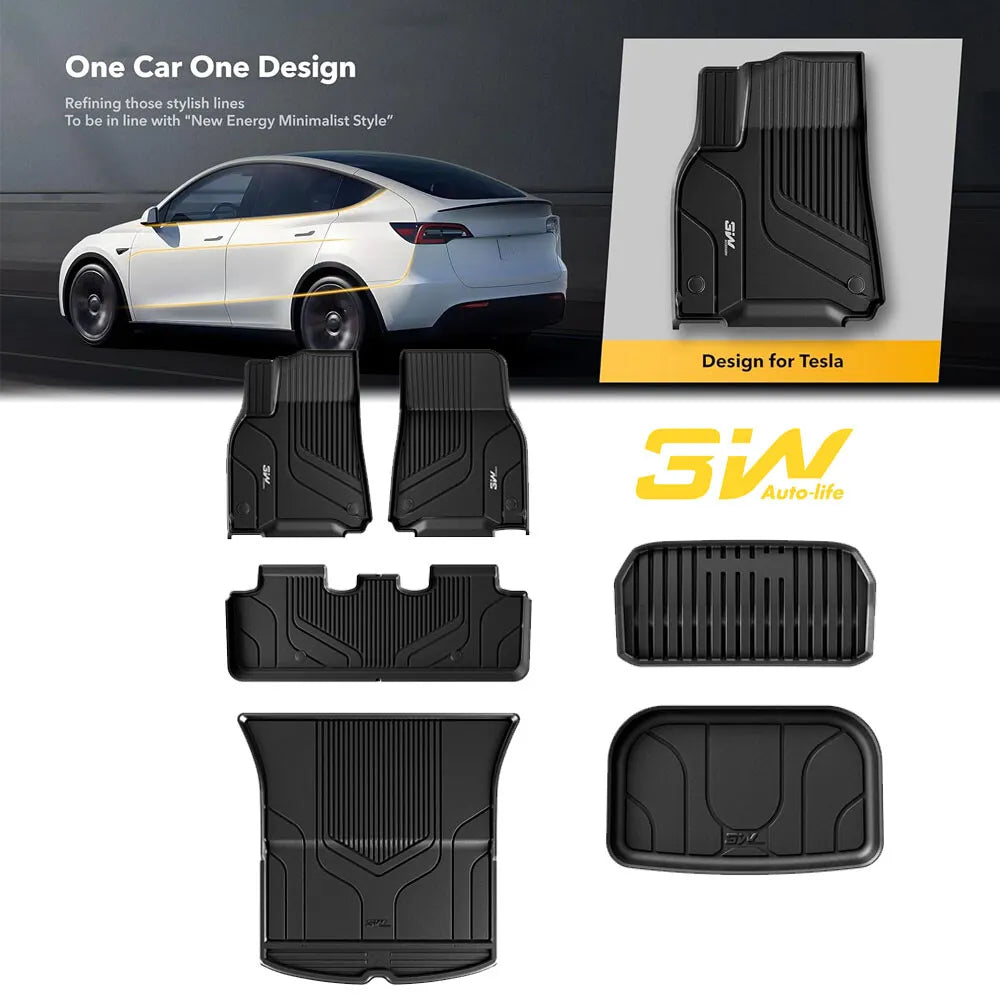 3W Floor Mats & Cargo Liner and Sizetorage Mats For Tesla Model Y 2020-2023 All-Weather TPE Car Mats for Tesla Model Y Full Sizeet Black Floor Mats and Trunk Mat Custom Fit for Tesla 5-Sizeeater