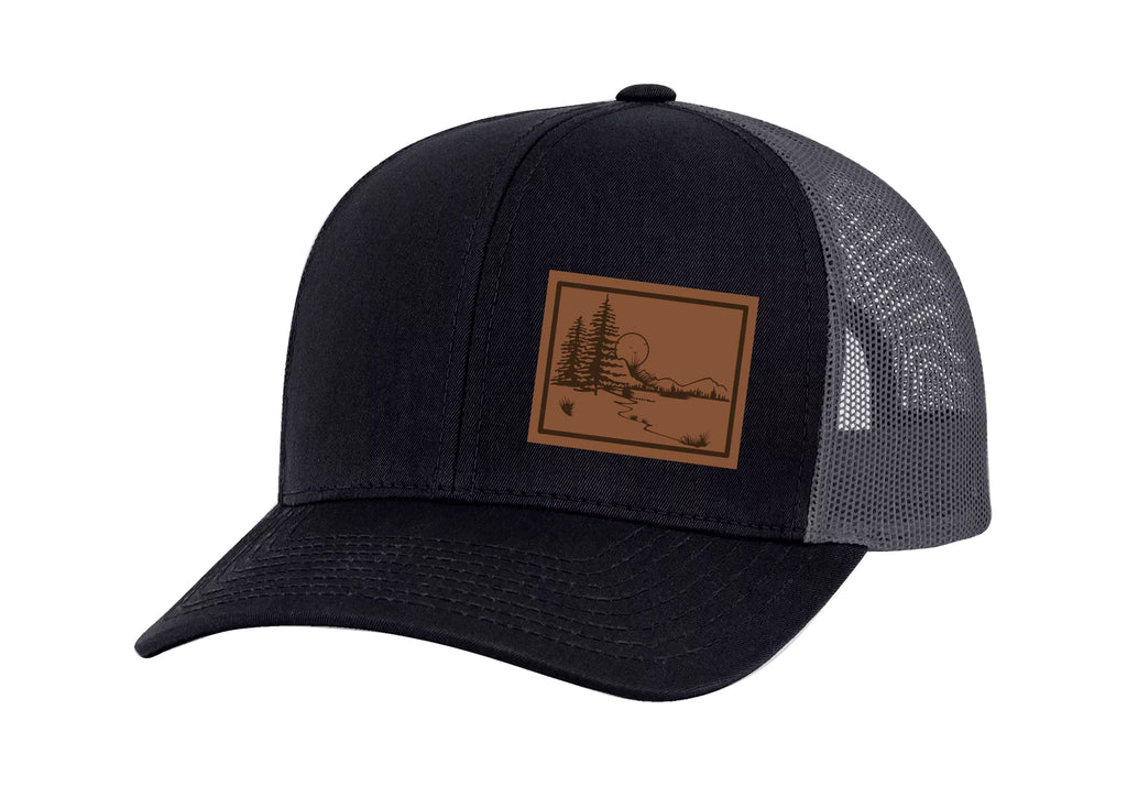 Men's Sizecenic Mountain View Outoors Laser Engraved Leather Patch Mesh Back Trucker Hat, Black/Black