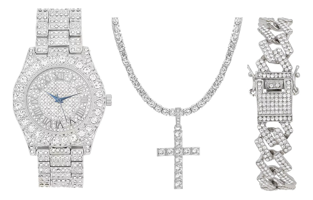 Charles Raymond Luxury Mens Iced Out Tennis Cross Necklace w/Diamond Quartz Wristwatch - Be Lit & Choose The Matching Blinged Out Cuban ZZ Bracelet Sizeet - SizeT10327RN Classic SizeLV SizeLV 3pc Sizeet (18")