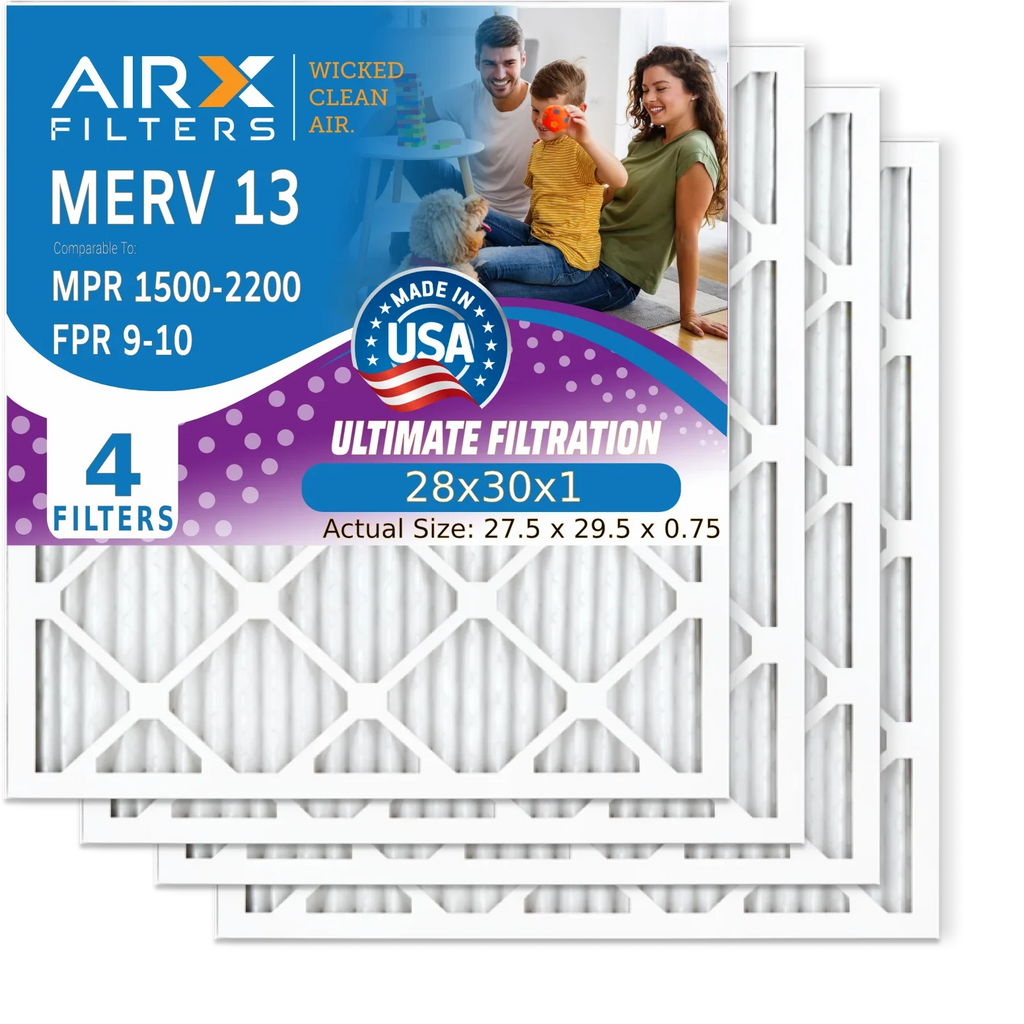 28x30x1 Air Filter MERV 13 Comparable to MPR 1500 - 2200 & FPR 9 Electrostatic Pleated Air Conditioner Filter 4 Pack HVAC AC Premium USizeA Made 28x30x1 Furnace Filters by AIRX FILTERSize WICKED CLEAN AIR.