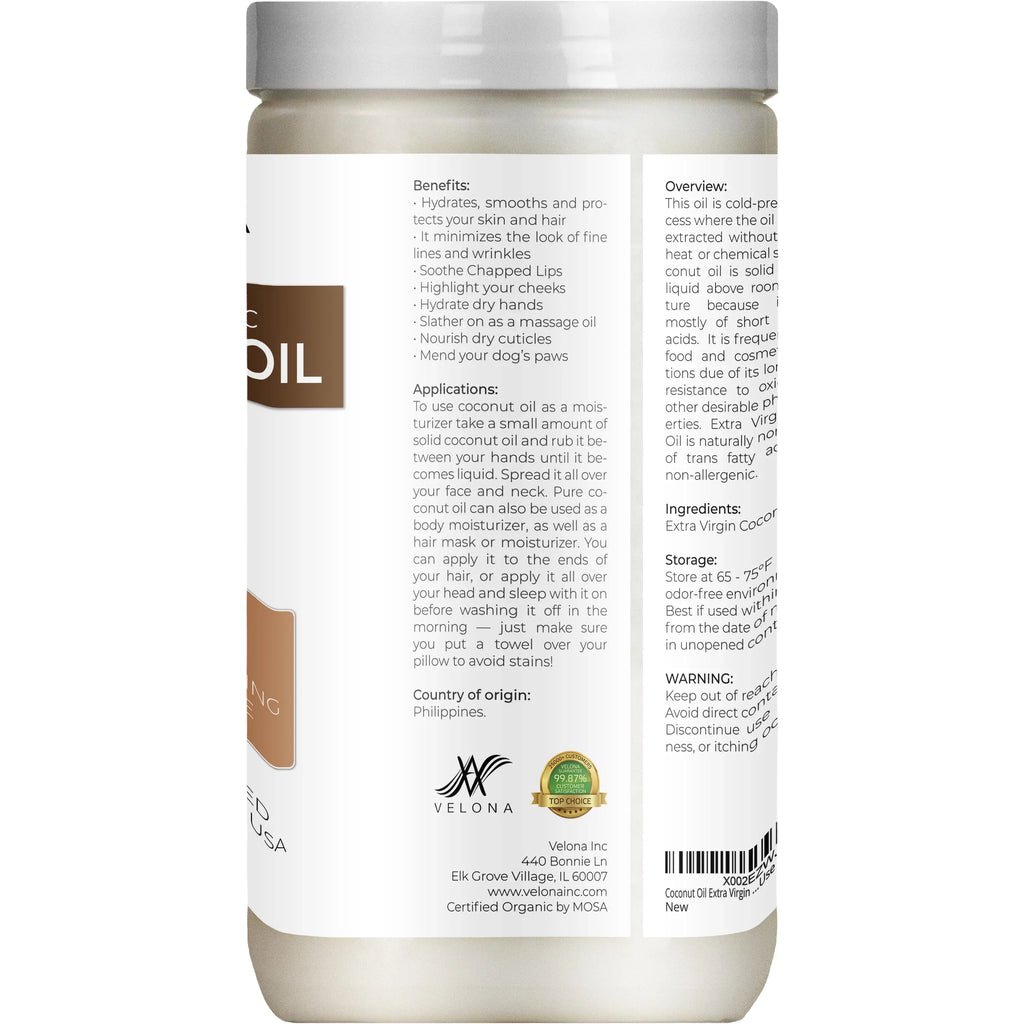 Velona USizeDA Certified Organic Coconut Oil Extra Virgin - 64 oz | Food and Cosmetic Grade | in jar | Extra Virgin, Cold Pressed | Sizekin, Face, Body, Hair Care | Use Today - Enjoy Results