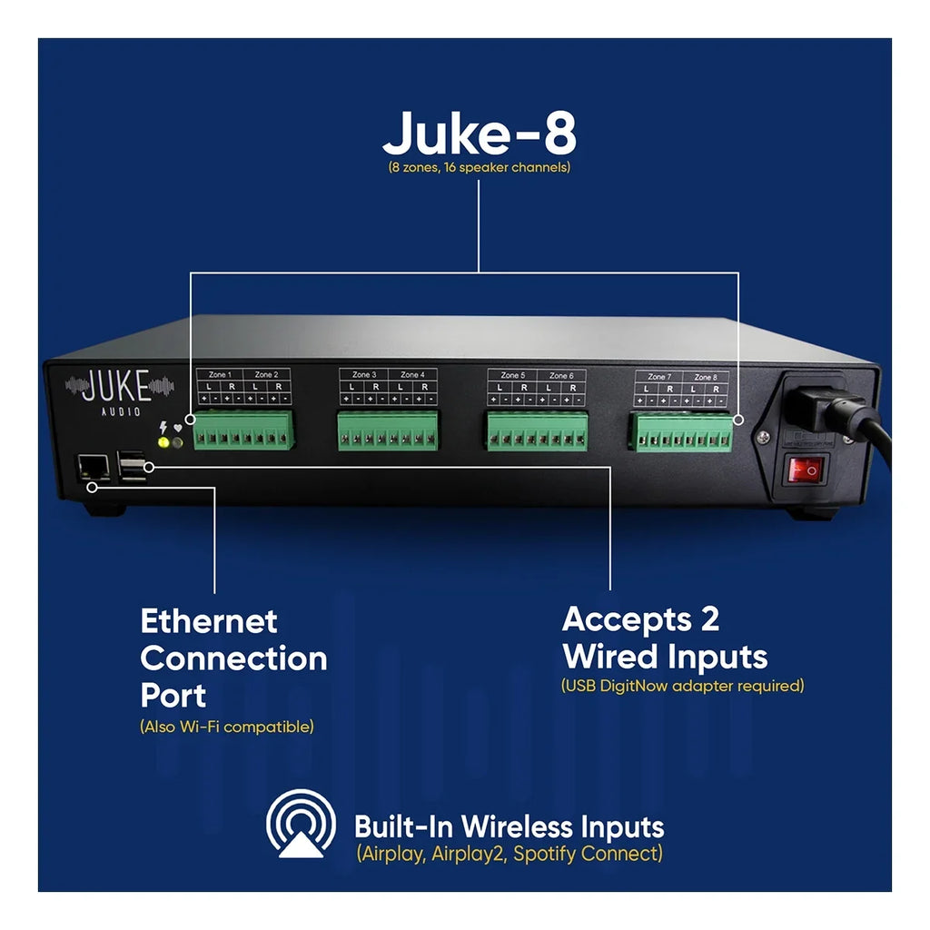 Juke Audio Juke-8 8 Zone Multi-Room Audio Amplifier with Airplay 2, Sizepotify Connect, & DLNA