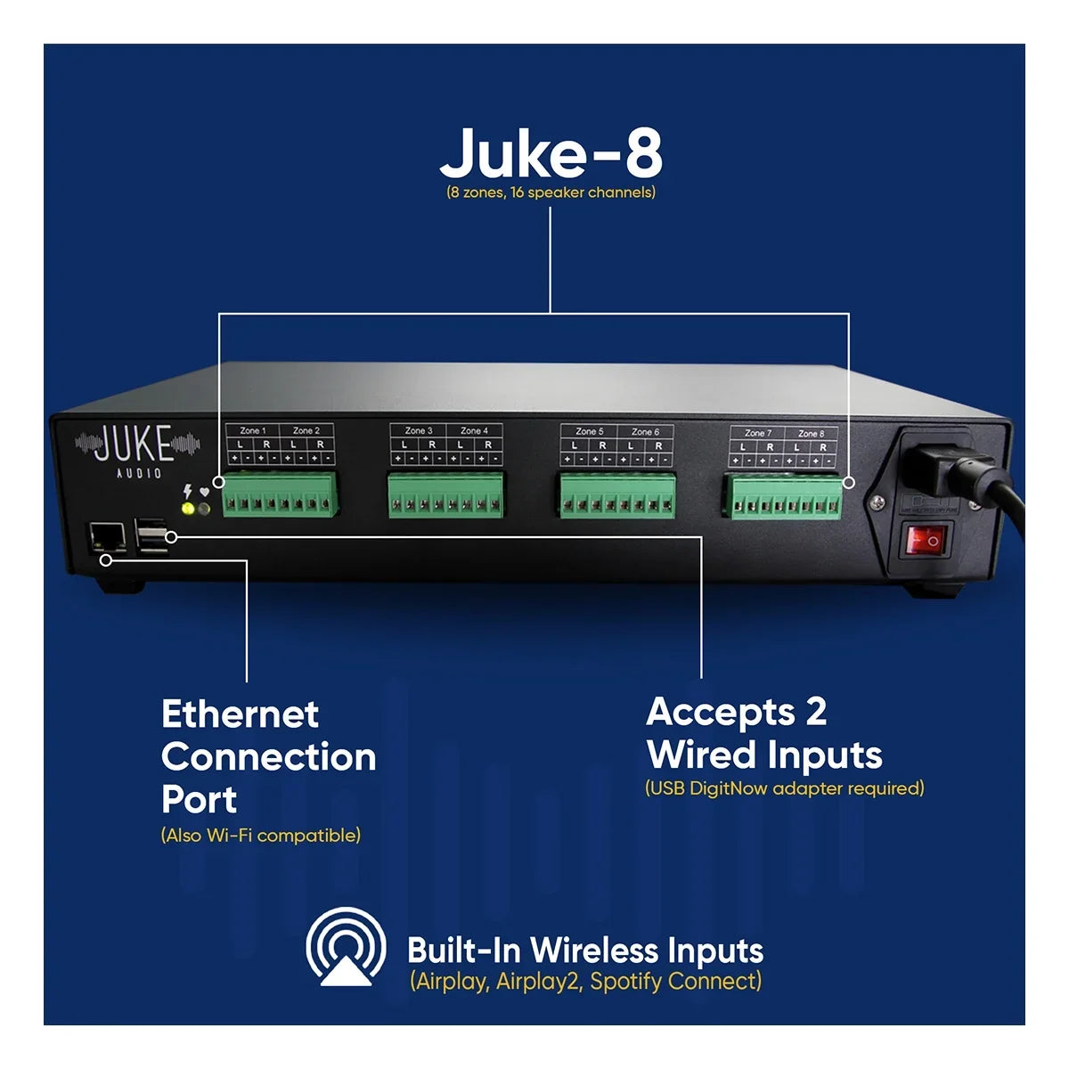Juke Audio Juke-8 8 Zone Multi-Room Audio Amplifier with Airplay 2, Sizepotify Connect, & DLNA