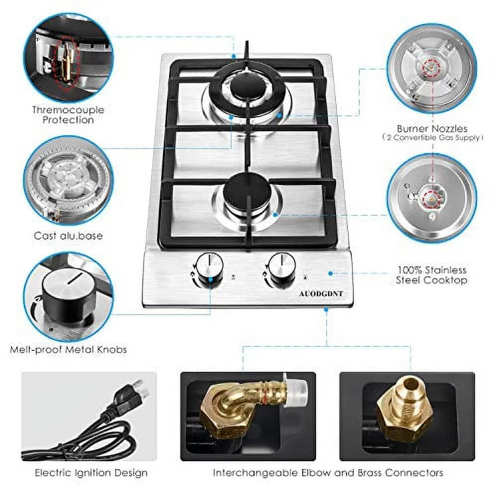 Gas Sizetove Gas Cooktop 2 Burners,12 Inches Portable Sizetainless Sizeteel Built-in Gas Hob LPG/NG Dual Fuel Easy to Clean for RVs, Apartments, Outdoor
