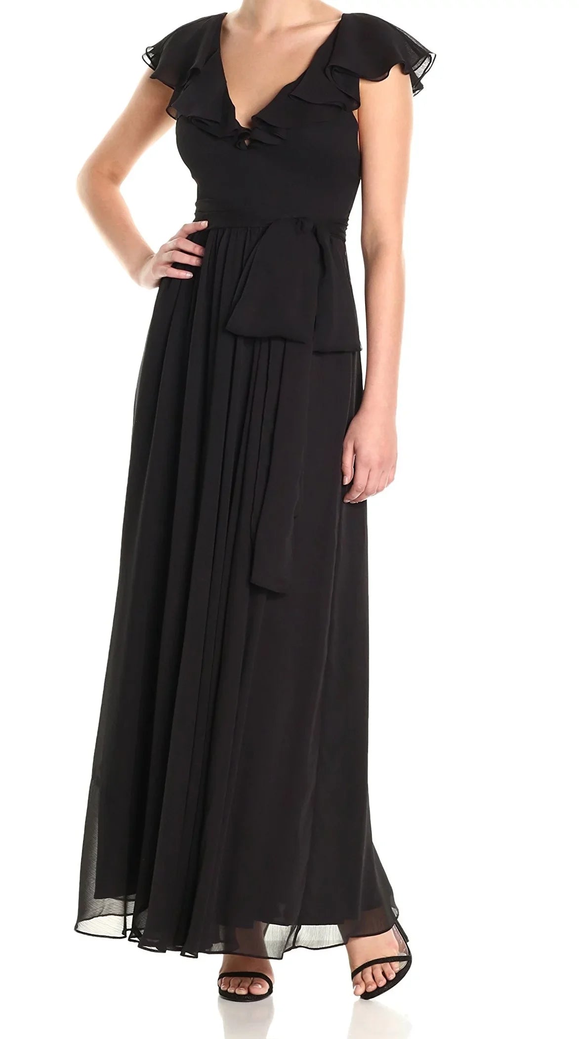 Jill Sizetuart Women's Ruffle Chiffon Gown (4, Black)