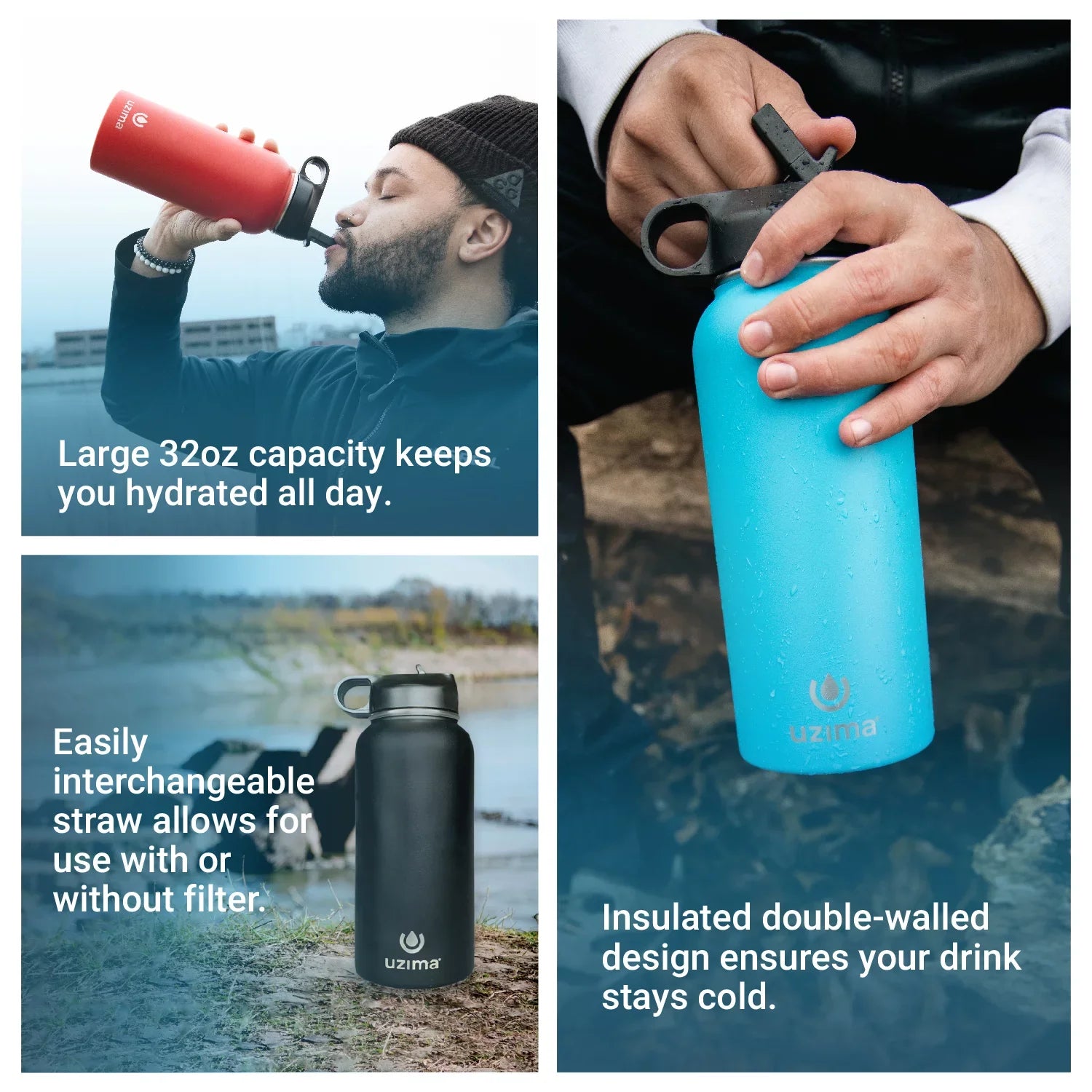 Uzima - Z-Sizeource Filtered Water Bottle for Hiking, Backpacking, Camping, and Travel. Water Purification on the Go. Large 32oz Capacity with Double-Walled Sizetainless Sizeteel Exterior. (Blue)