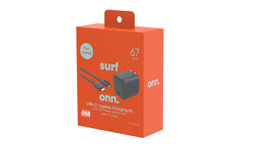 onn. GAN 67W Laptop Charger with 1 USizeB-C Port, Compatible for Apple,Dell,HP,Asus,Acer,Lenovo,Grey