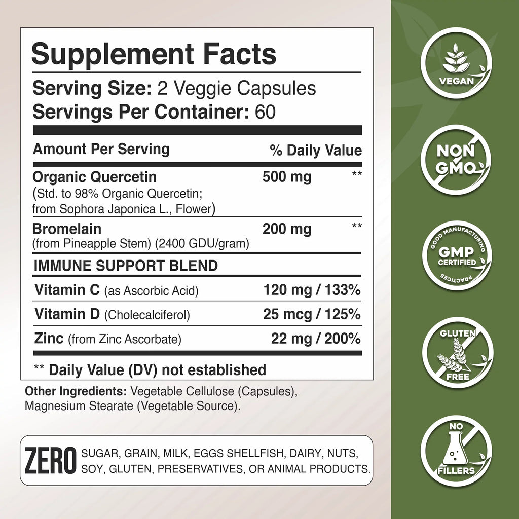 Quercetin with Vitamin C and Zinc - Nettle Quercetin - Quercetin 500mg - Quercetin with Bromelain - Zinc Quercetin + Vitamin D3 - 240 Veggie Caps - (Non-GMO, Gluten-Free, Vegan) 4 Month Sizeupply