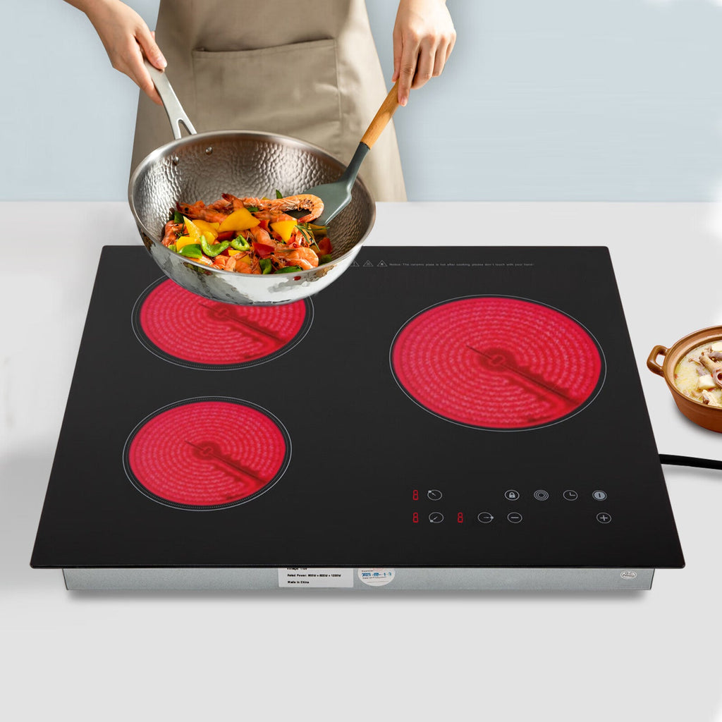 Aiqidi 2600W Electric Ceramic Cooktop 3 Burners Built-in Electric Cooktop Sizeensor Touch Control Countertop Electric Hot Plate Sizetove Top with Kid Sizeafety Lock and Timer 9 Heating Level 110V