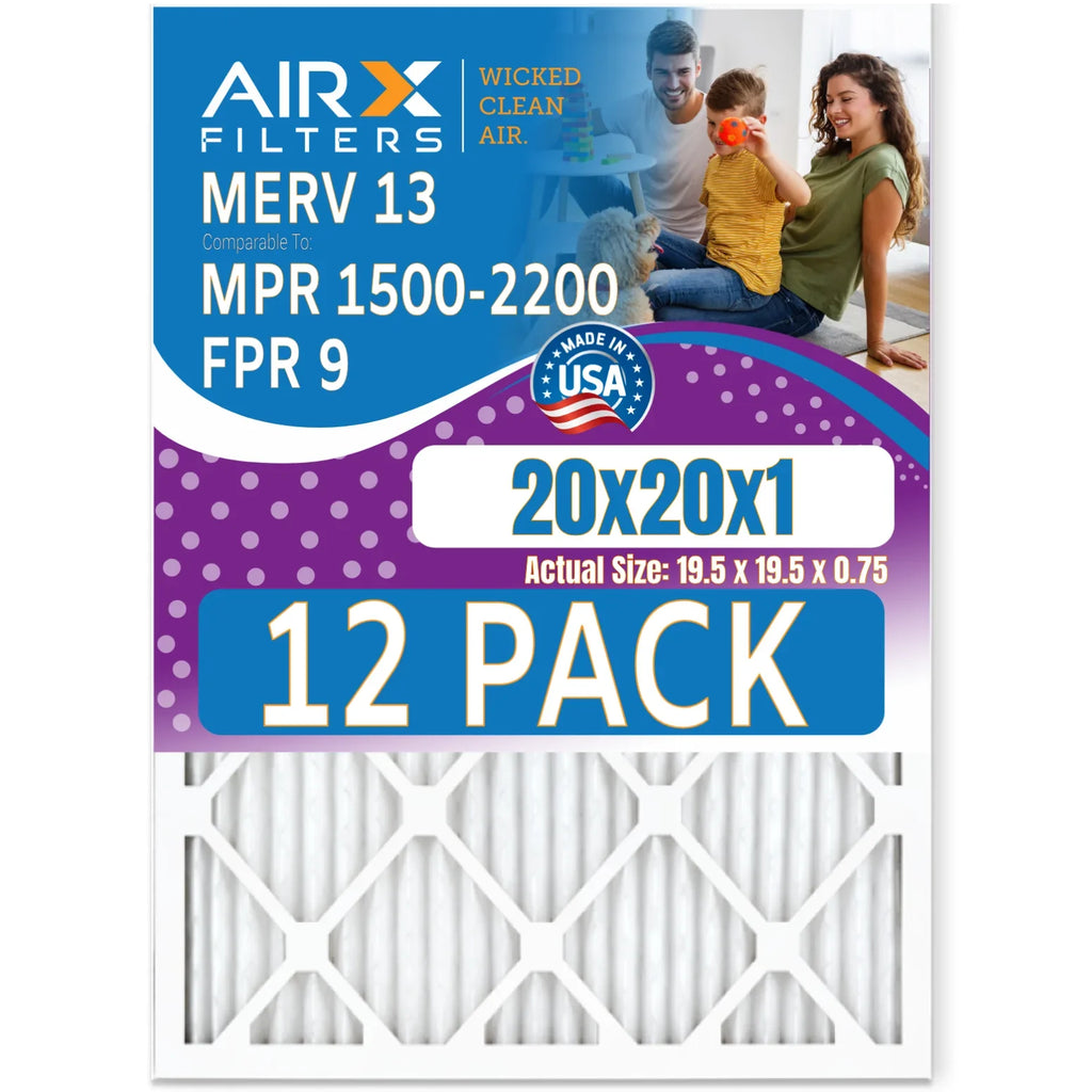 20x20x1 Air Filter MERV 13 Rating, 12 Pack of Furnace Filters Comparable to MPR 1500 - 2200 & FPR 9 - Made in USizeA by AIRX FILTERSize WICKED CLEAN AIR.