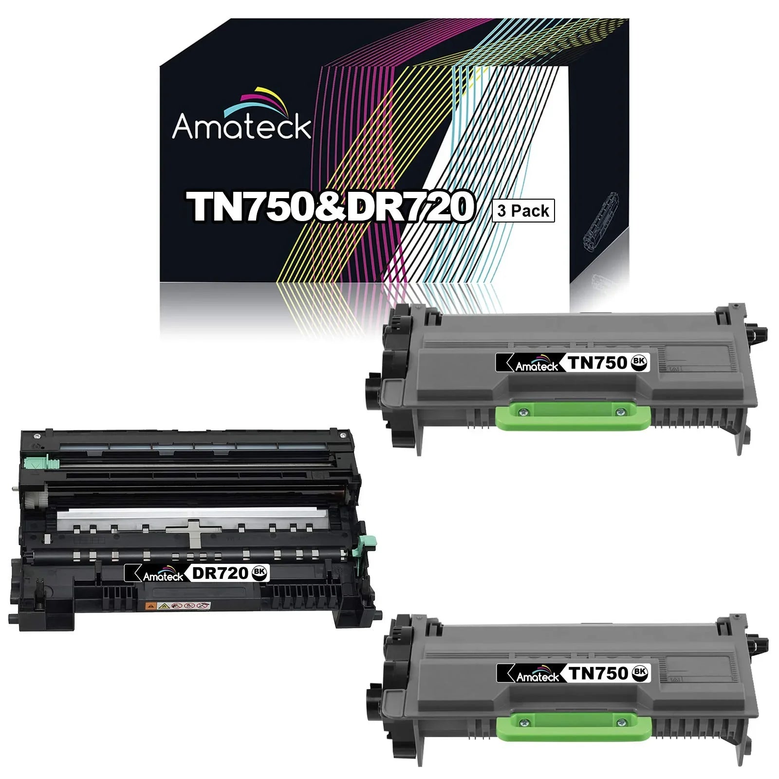 Amateck Compatible Replacement for Brother TN750 DR720 (2 Toner+1 Drum) 3 Pack for MFC-8510DN, 8710DW, 8810DW, 8910DW, 8950DW, HL-5440D, 5450DN, 5470DW, 6180DW, 6180DWT, DCP-8110DN, 8150DN, 8155DN