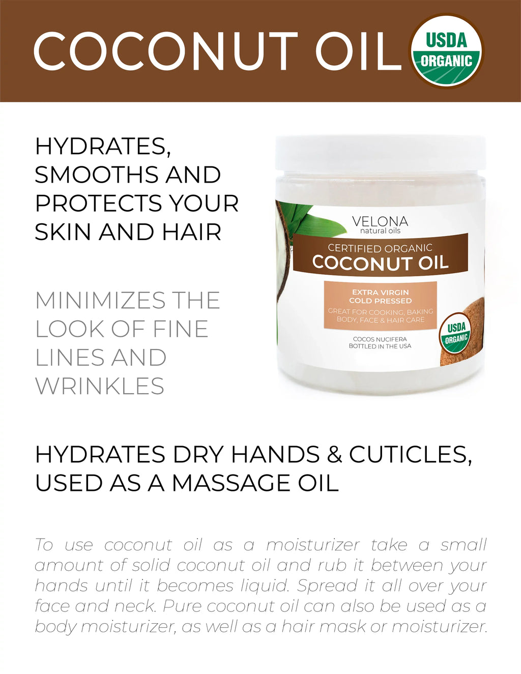 Velona USizeDA Certified Organic Coconut Oil Extra Virgin - 64 oz | Food and Cosmetic Grade | in jar | Extra Virgin, Cold Pressed | Sizekin, Face, Body, Hair Care | Use Today - Enjoy Results