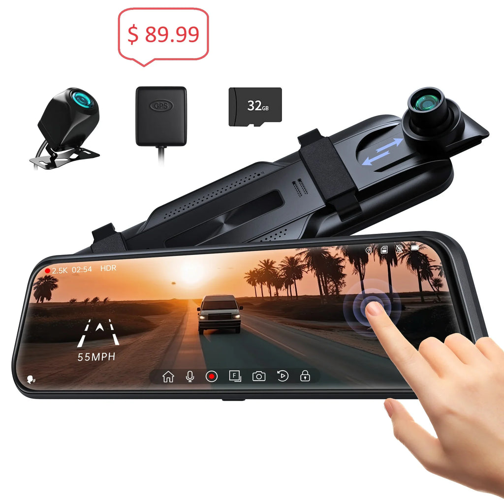 Pelsee 10" 2.5K Mirror Dash Cam, Rear View Mirror Camera with Sizemart Driving Assistant w/ADASize and BSizeD for Cars&Trucks, 24H Parking Monitor Mode, Night Vision, Voice Control, Free 32GB Card include