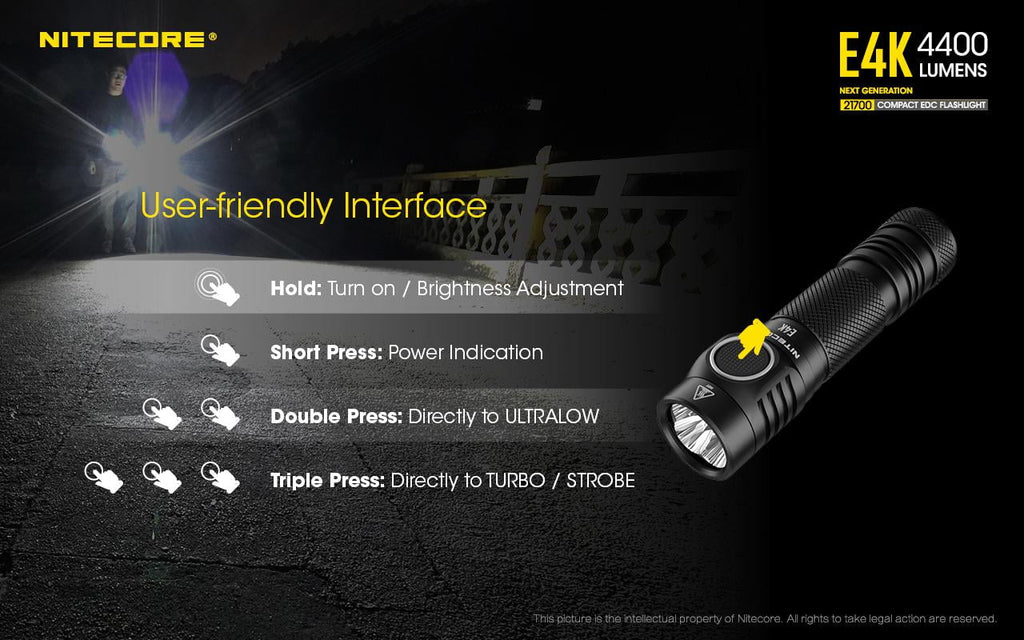 Combo: NITECORE E4K Compact EDC Flashlight - 4400 Lumens -1x NITECORE 21700 Battery Included  w/Nitecore UT32 Dual Emitter Headlamp -1100 Lumens