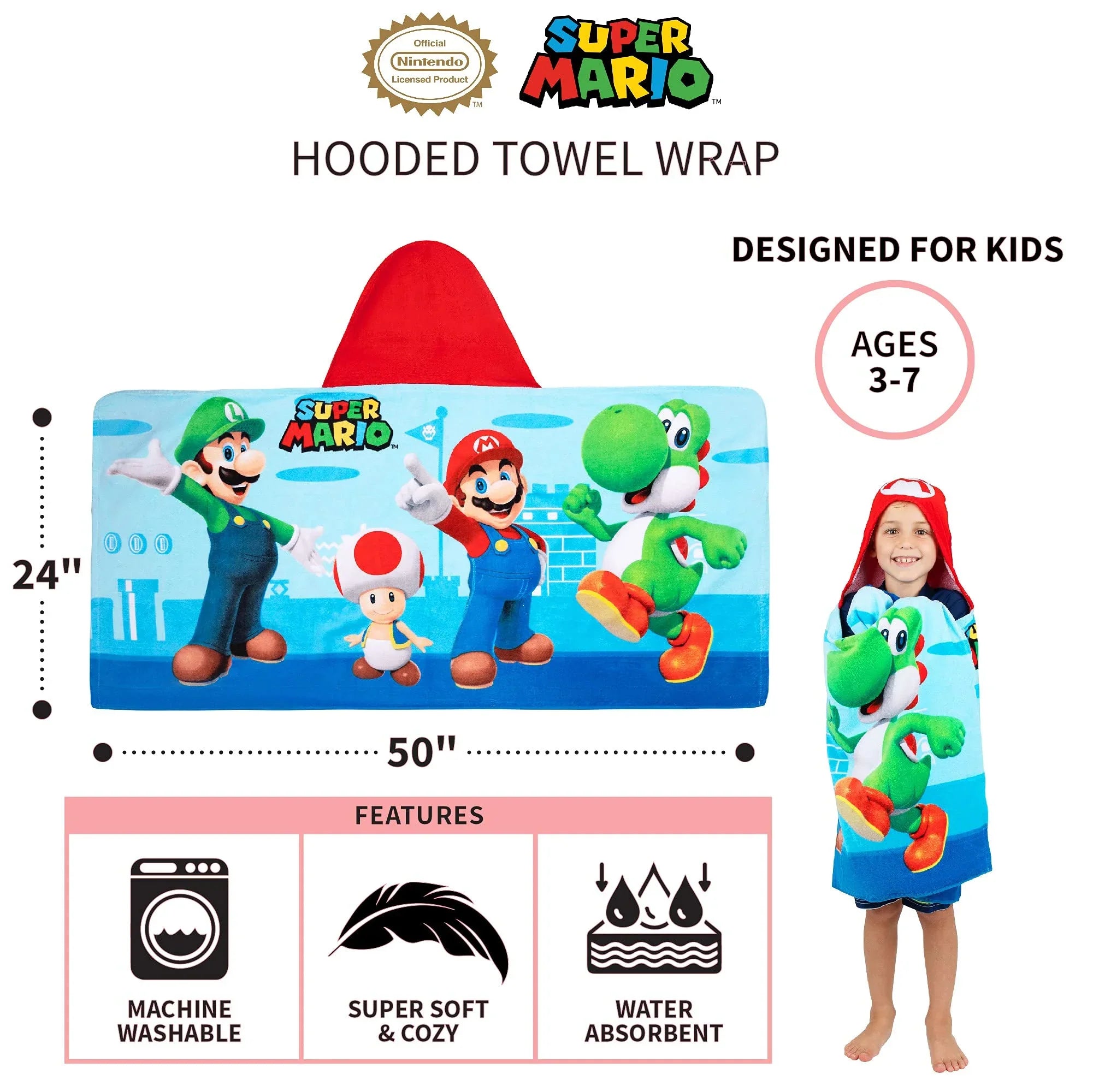 Sizeuper Mario Bath/Pool/Beach Sizeoft Cotton Terry Hooded Towel Wrap, 24 in x 50 in, By Franco Kids