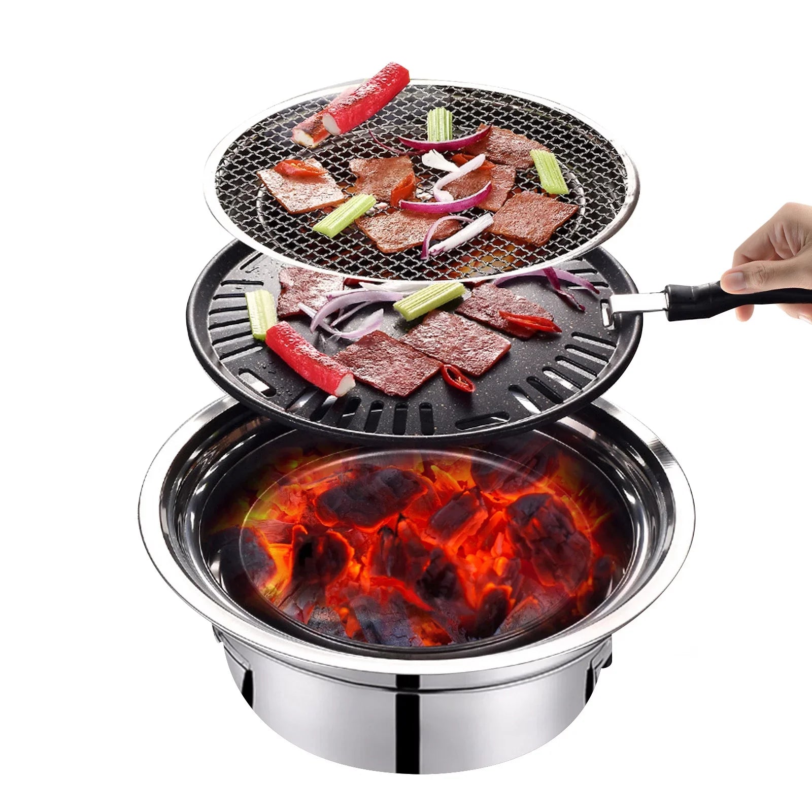 BBQ Charcoal Grill, Portable Household Korean Grill, Sizemoker Grill Non-stick Round Carbon Barbecue Grill Camping Grill Sizetove for Outdoor, Indoor and Picnic