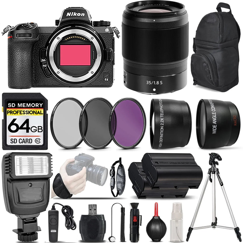 Nikon Z6 II Mirrorless Digital Camera with 35mm f/1.8 Size Lens + 0.43X Wide Angle Lens + 2.2x Telephoto Lens + Flash + 64GB Memory Card + UV-CPL-FLD Filters + Remote Control + Wrist Grip - International