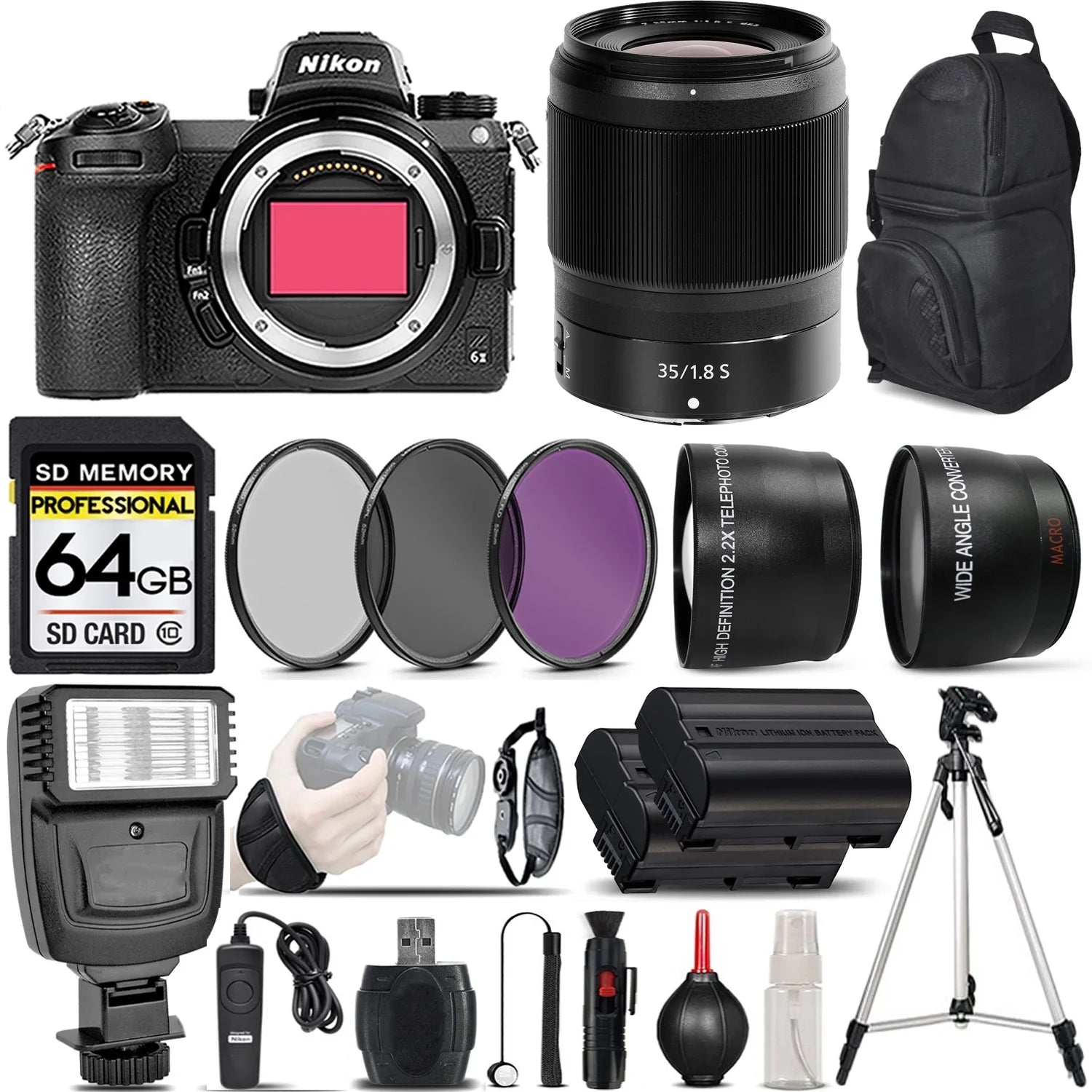 Nikon Z6 II Mirrorless Digital Camera with 35mm f/1.8 Size Lens + 0.43X Wide Angle Lens + 2.2x Telephoto Lens + Flash + 64GB Memory Card + UV-CPL-FLD Filters + Remote Control + Wrist Grip - International