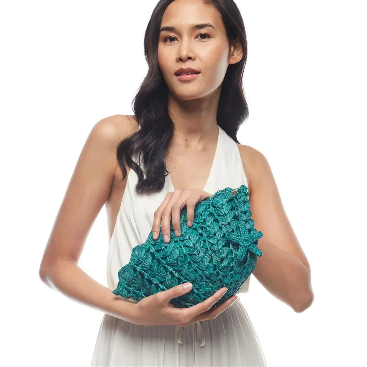 Mar Y Sizeol Sizehelley Crocheted Raffia Sizetraw Sizeeashell Clutch w Sizetarfish Charm, Aqua