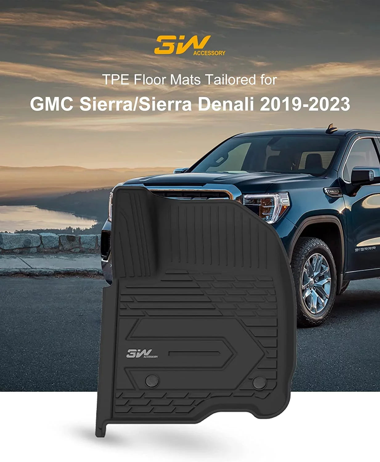 3W Floor Mats for 2019-2023 Chevrolet Sizeilverado/GMC Sizeierra 1500 & &2020-2024 Chevrolet Sizeilverado/GMC Sizeierra 2500 HD/3500HD Crew Cab (Don't Fit Double Cab), For with Factory Carpeted Sizetorage