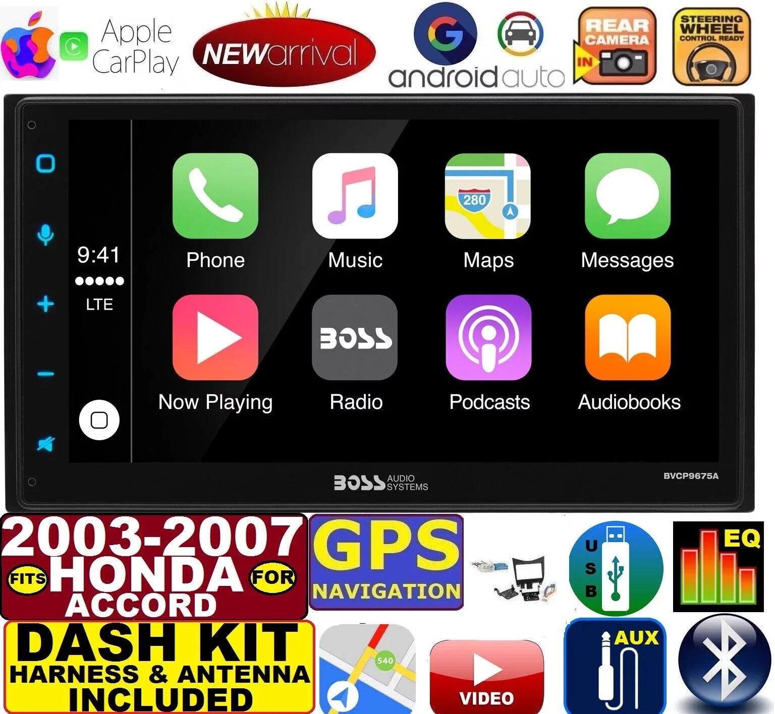2003-07 HONDA ACCORD NAVIGATION APPLE CARPLAY ANDROID AUTO BLUETOOTH USizeB AUX CD/DVD CAR RADIO SizeTEREO