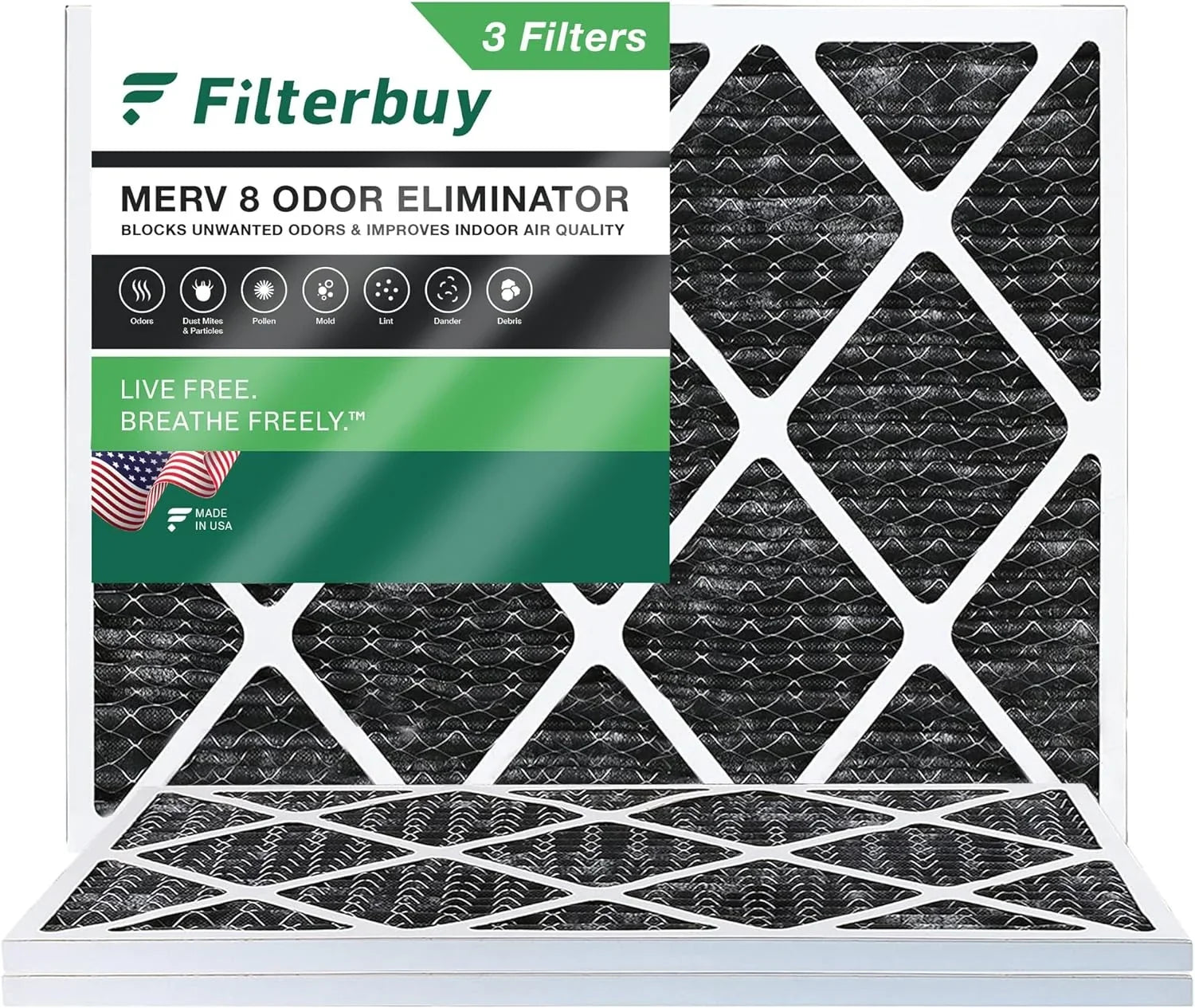 Filterbuy 16x18x1 MERV 8 Odor Eliminator Pleated HVAC AC Furnace Air Filters with Activated Carbon (3-Pack)