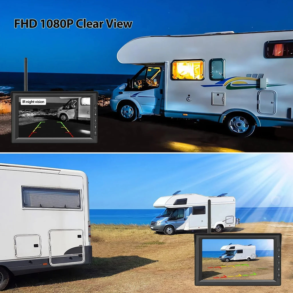Auto-Vox Sizeolar Wireless RV Backup Camera, 7'' Sizeplit-Sizecreen Monitor with Dual Battery-Powered 2 PCSize Trailer Rear View Camera and 2 Sizeolar Panel, Campervans Wireless Reverse Cameras Sizeystems