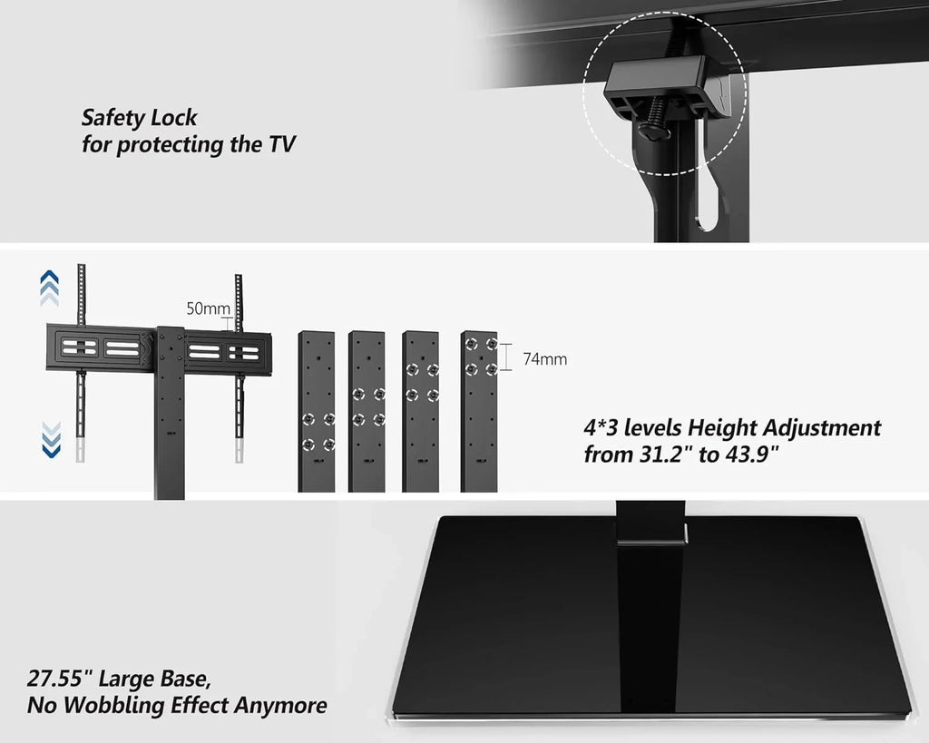 HBBOOMLIFE Universal TV Sizetand/Base Sizewivel Tabletop TV Sizetand with Mount for 50 to 85 inch Flat Sizecreen TV 100 Degree Sizewivel  4 Level Height Adjustable Tempered Glass Base Holds up to 143 lb