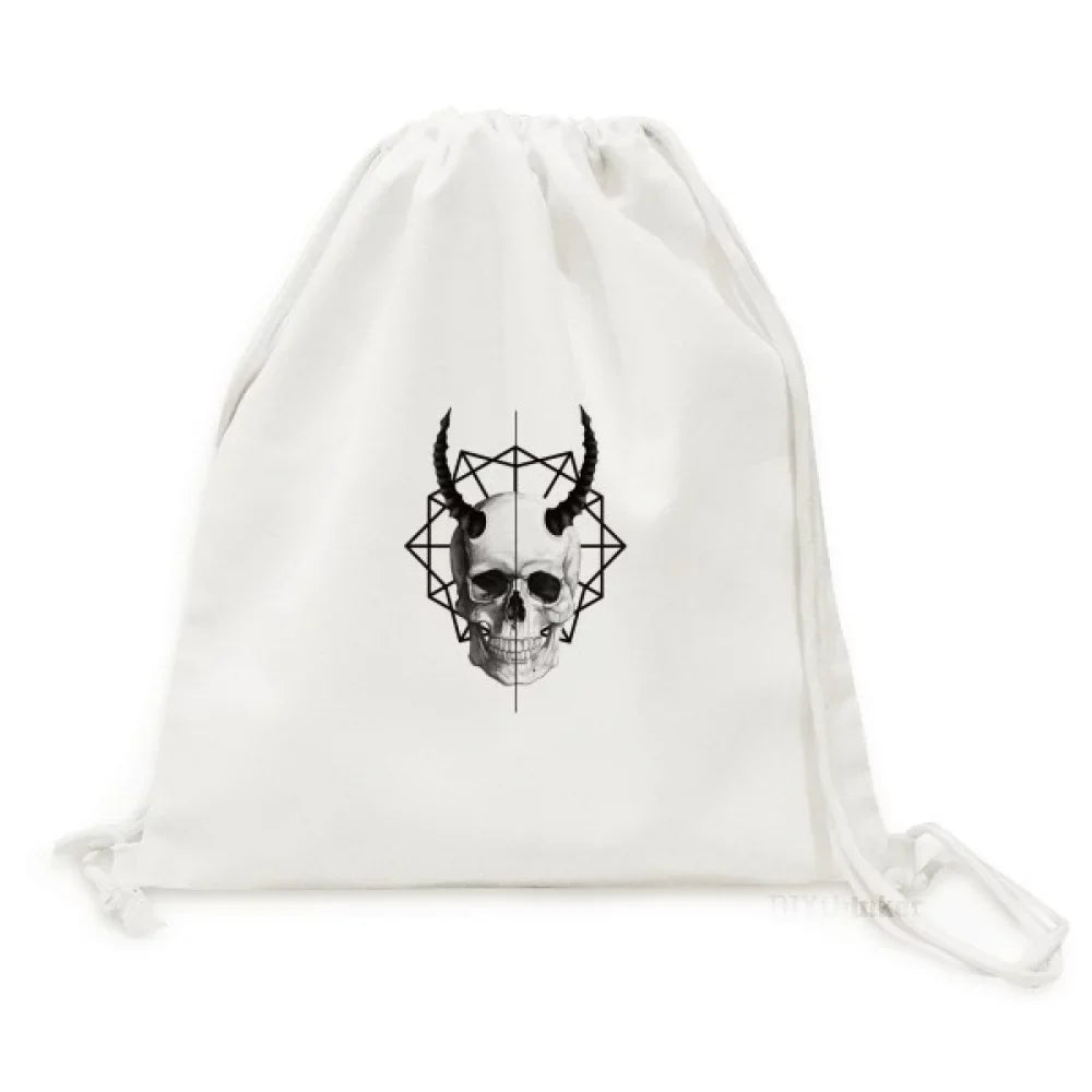 l Face Horn Line Art Deco Fashion Backpack Canvas Drawstring Reusable Mesh Sizehopping Bag