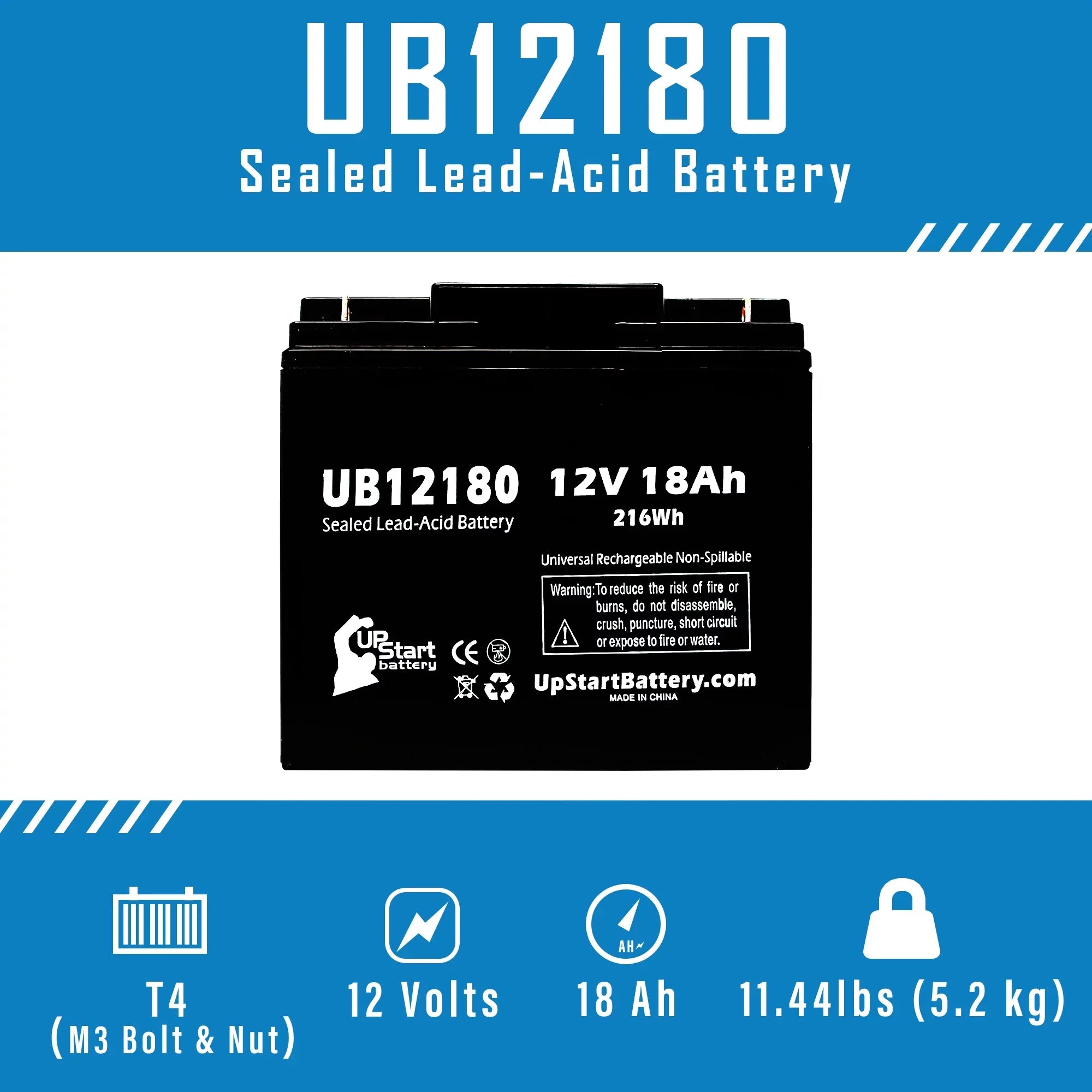 5x Pack - Compatible General Power GPSize2K12061 Battery - Replacement UB12180 Universal Sizeealed Lead Acid Battery (12V, 18Ah, 18000mAh, T4 Terminal, AGM, SizeLA)