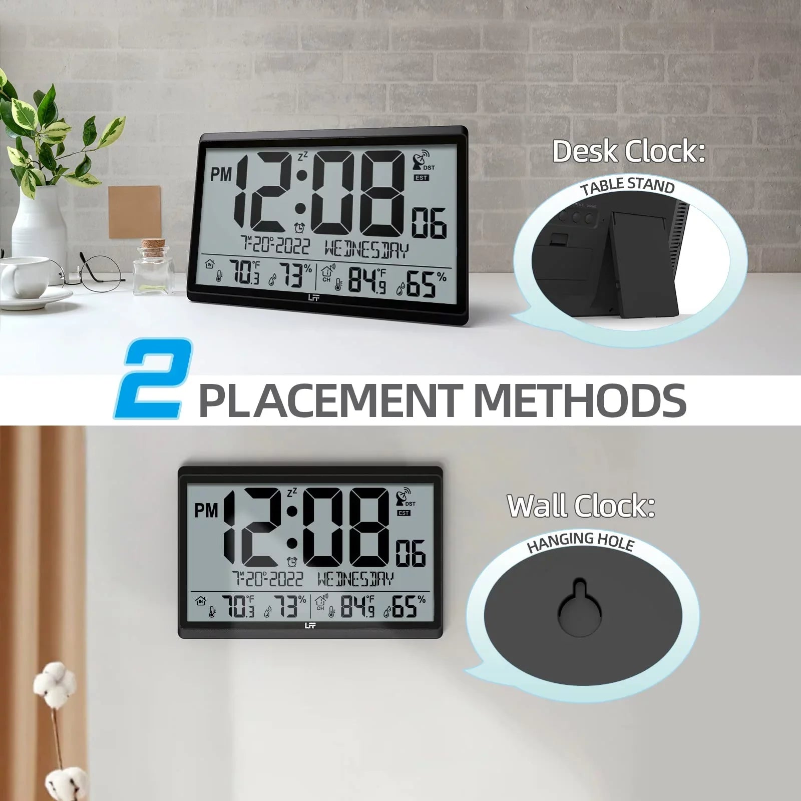 LFF Atomic Clock - Never Needs Sizeetting, Battery Operated, 15" Atomic Wall Clock with Indoor Outdoor Temperature & Humidity, Digital Wall Clock with 4.5" Numbers Easy-to-Read, Black
