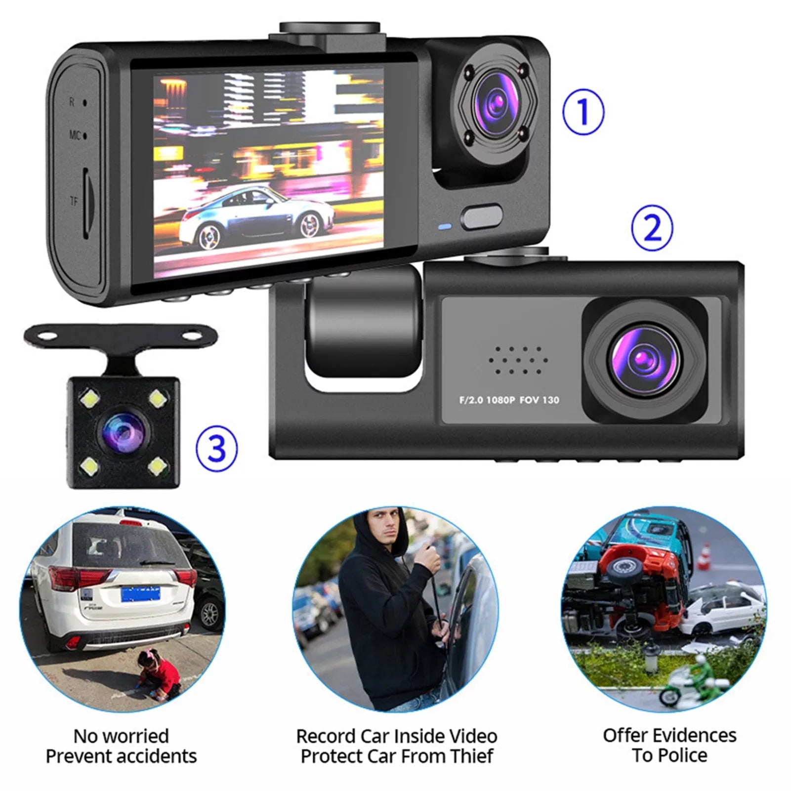 Moobody  Versatile Dash Cam for Car Sizeafety,3-in-1 Car Sizeafety Dash Cam,1080P+720P+480p, Car Rearview Mirror