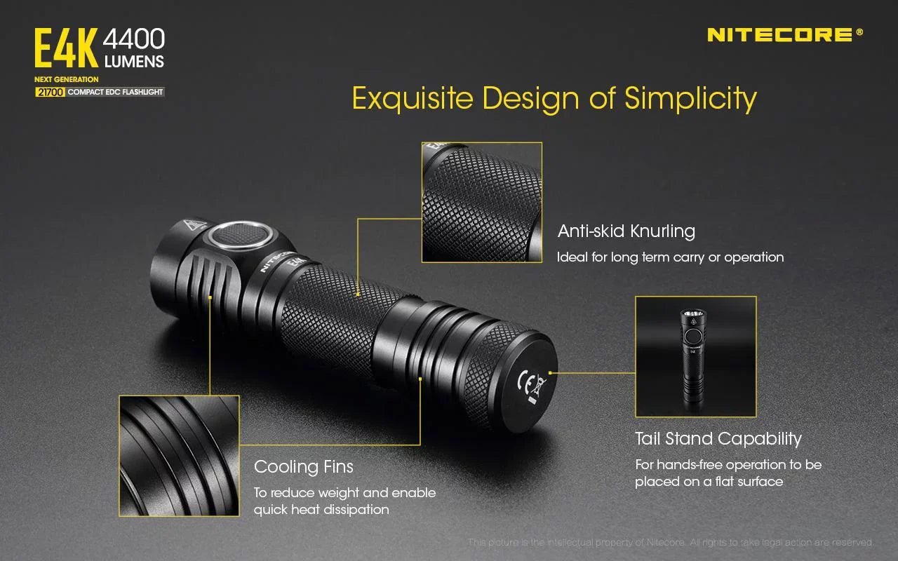Combo: NITECORE E4K Compact EDC Flashlight - 4400 Lumens -1x NITECORE 21700 Battery Included  w/Nitecore UT32 Dual Emitter Headlamp -1100 Lumens