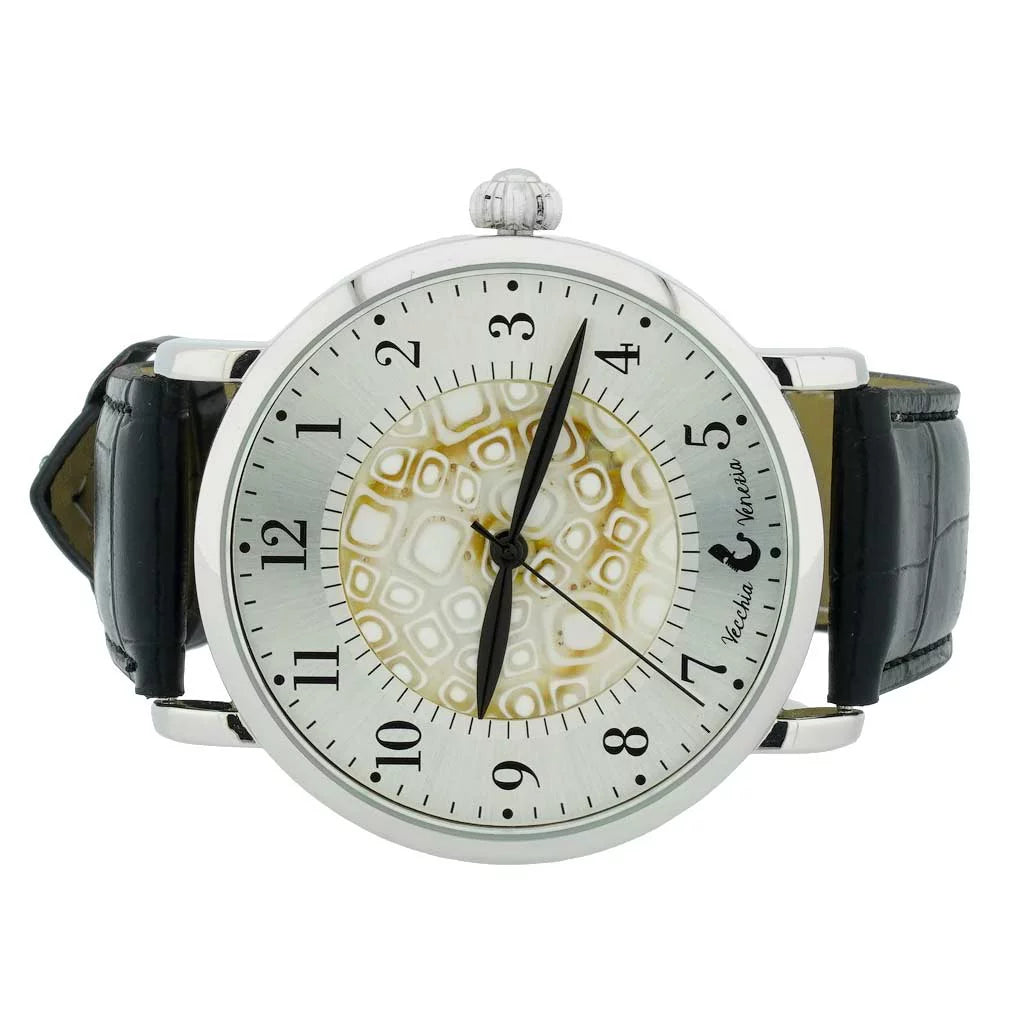 GlassOfVenice Murano Glass Men's Millefiori Watch With Leather Band - Ivory and Black