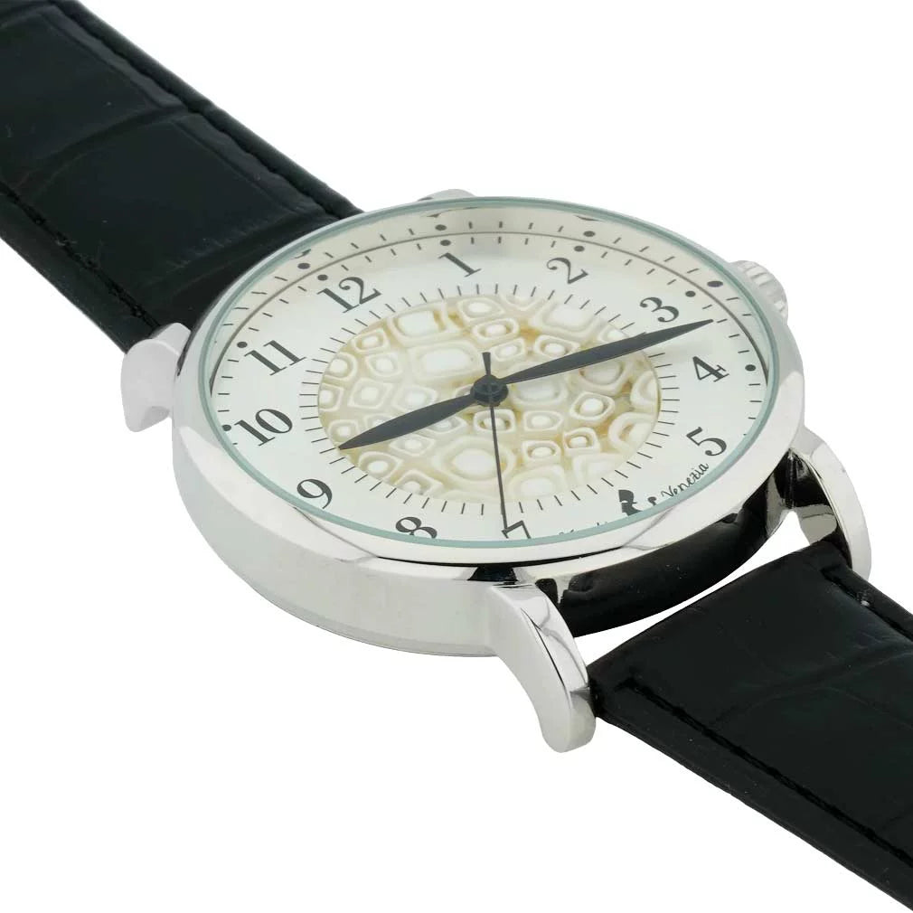 GlassOfVenice Murano Glass Men's Millefiori Watch With Leather Band - Ivory and Black