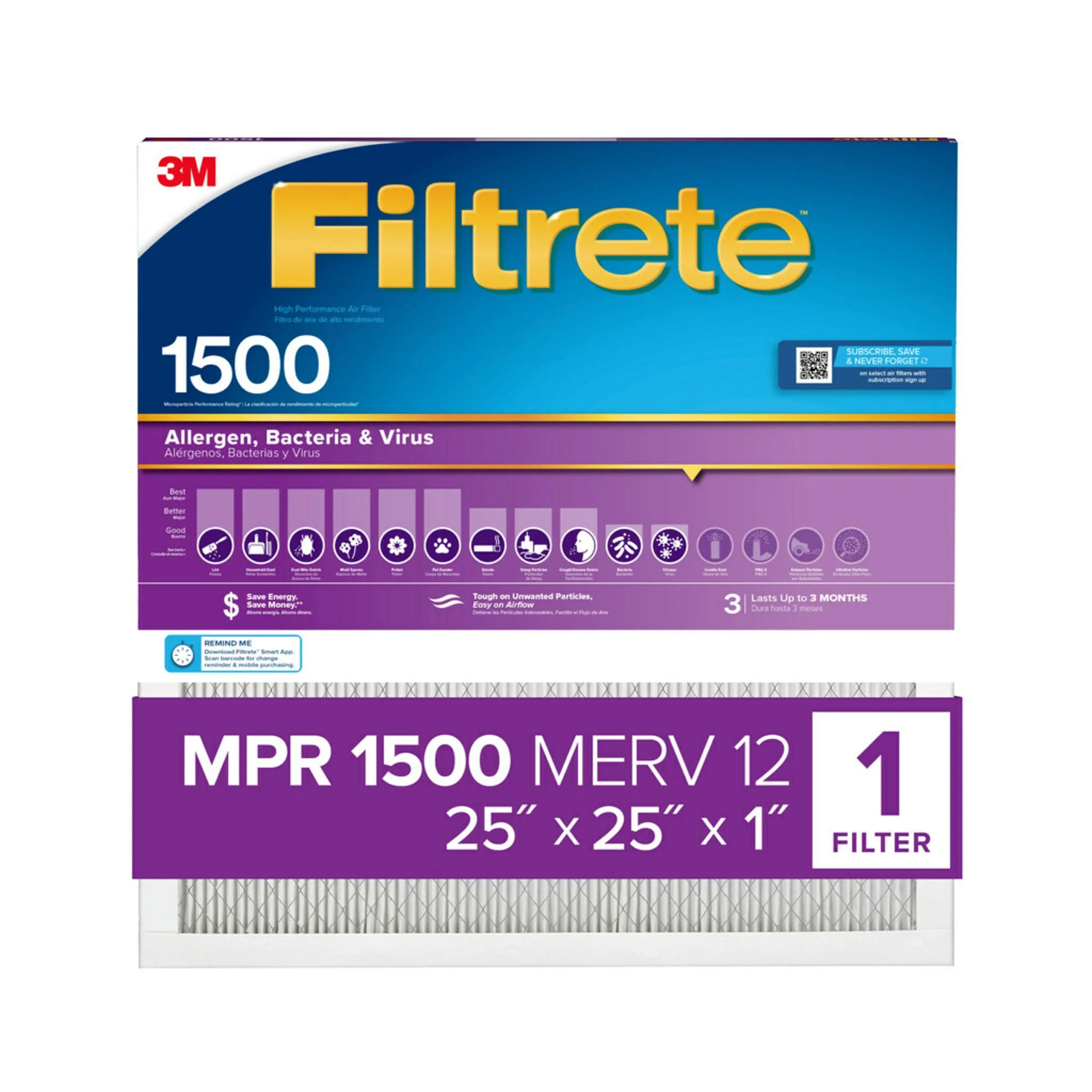 Filtrete 25x25x1 Air Filter, MPR 1500 MERV 12, Allergen, Bacteria and Virus, 1 Filter