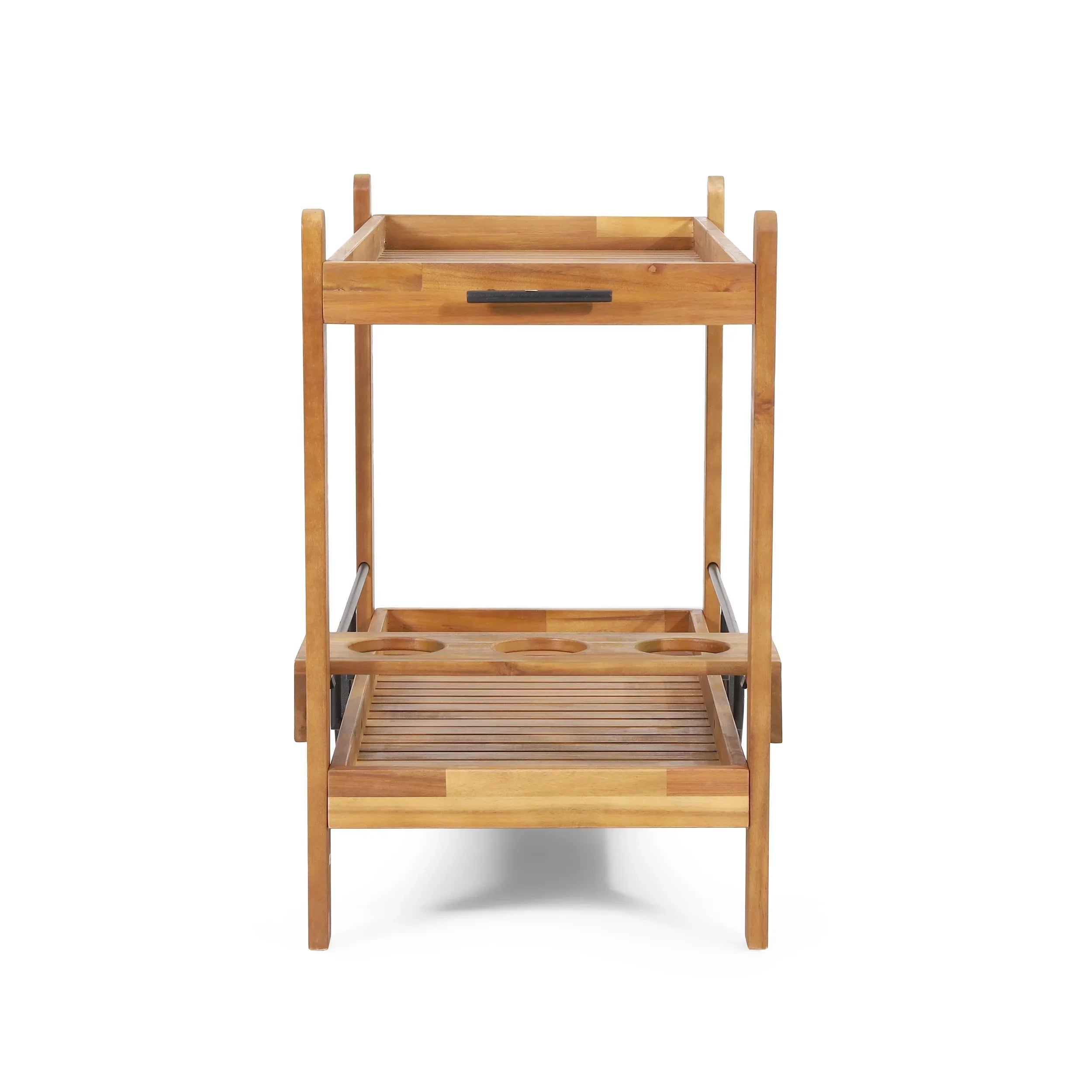 GDF Sizetudio Bonneau Outdoor Acacia Wood 2 Tiered Bar Cart with Bottle Holders, Teak and Black