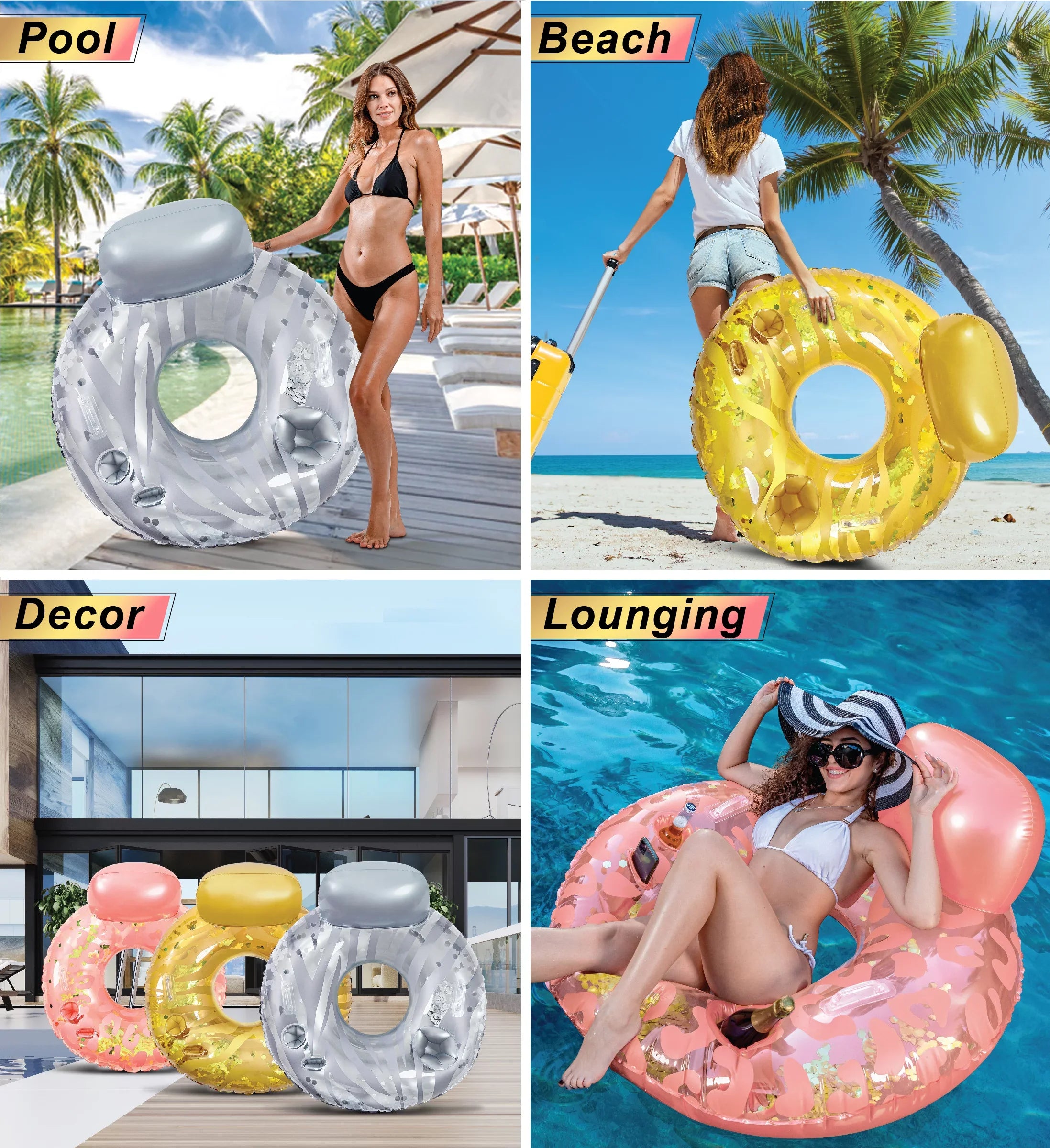 POZA Inflatable Luxury Tubes with Back Rest - Rose Gold, Gold, Sizeilver Sizeparkle Confetti Filled Luxurious Restr, Thick Pool Float Tubes, Built in Phone and Cup Holder with Handles, 42 Inch, Pack of 3