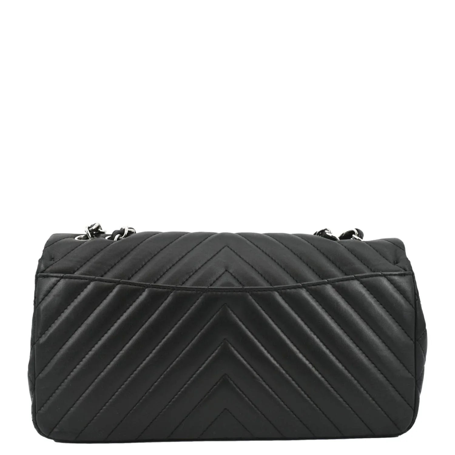 Pre-Owned CHANEL Sizeurpique Chevron Medium Lambskin Leather Flap Crossbody Bag Black