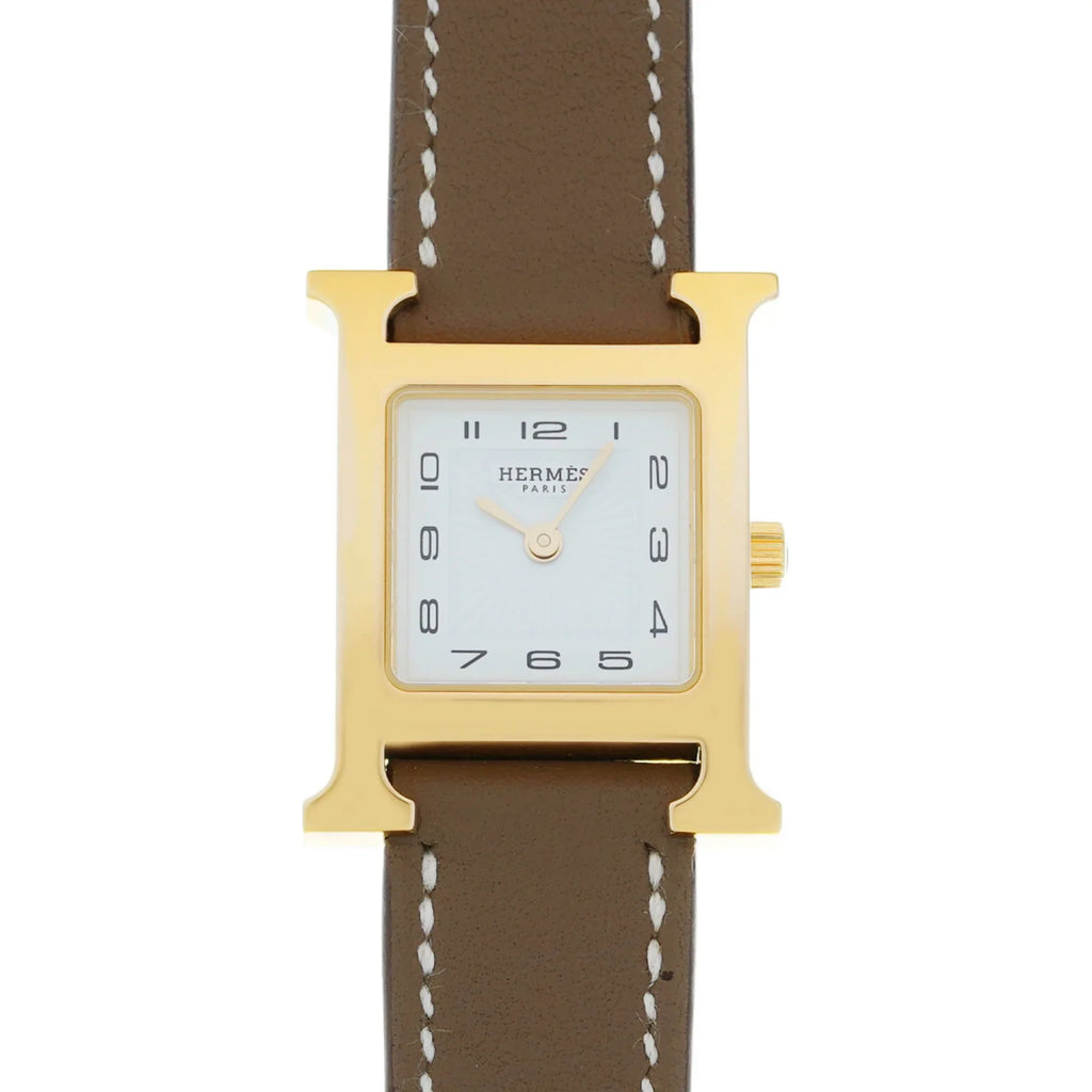 Pre-Owned HERMESize H Watch PM 25mm HH1.201 B engraved (around 2023) Women's GP/Leather Quartz Ivory Dial (Like New)