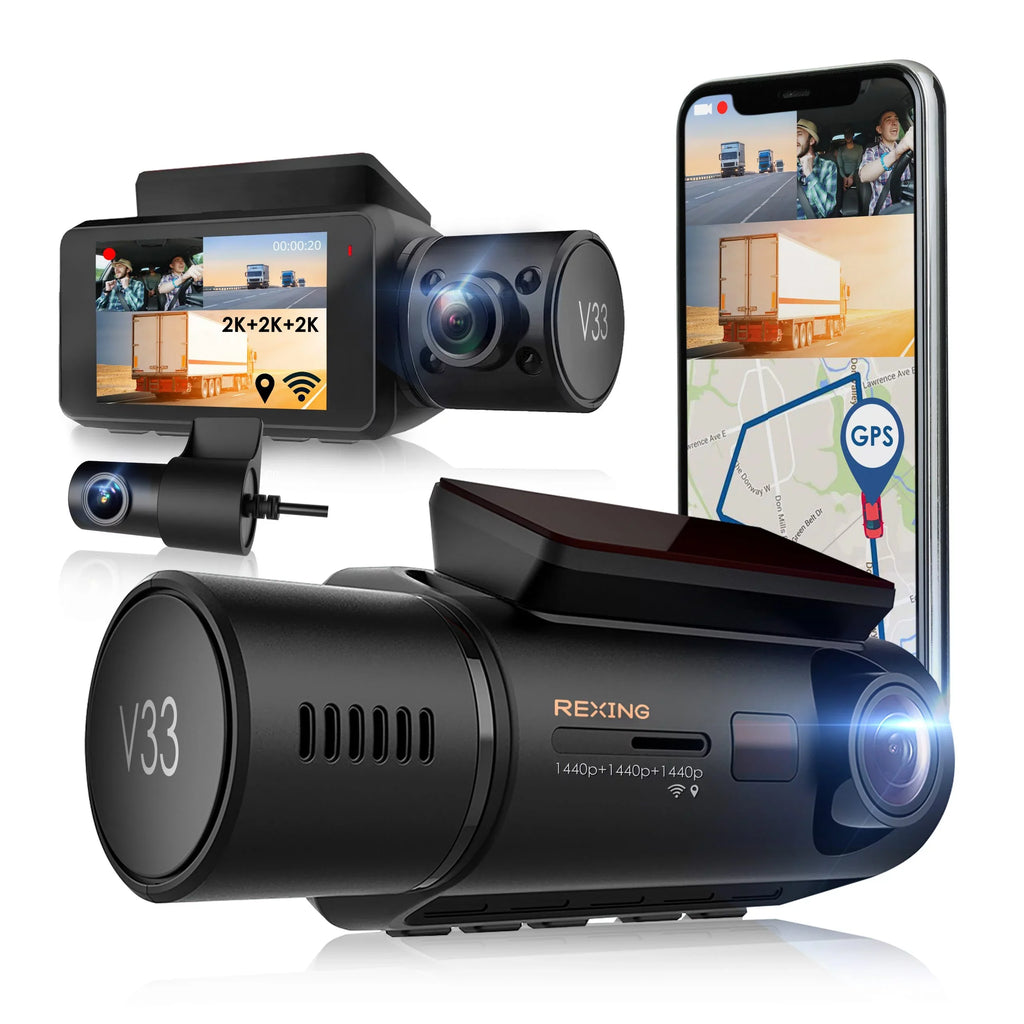 Rexing V33 3 Channel 1440p+1440p+1440p Front, Cabin and Rear Camera Dashcam with Built-in Wi-Fi & GPSize