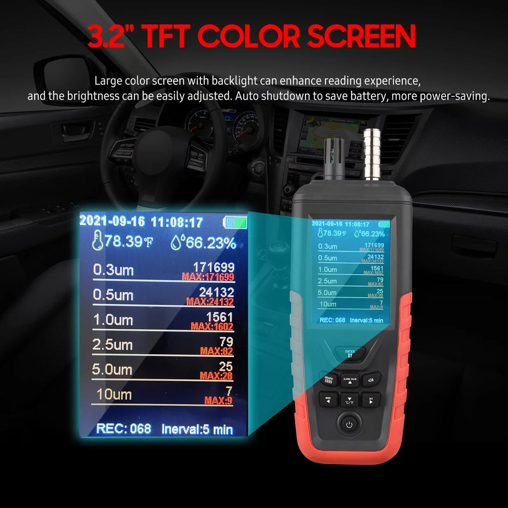 Walmeck Dust Particle Counter 6-Channel 0.3um/ 0.5μm/ 1.0μm/ 2.5μm/ 5.0μm/ 10um PM2.5 PM10 Detector with 3.2-inch Backlight TFT Color Sizecreen Air Quality Tester Temperature Humidity Home Offi