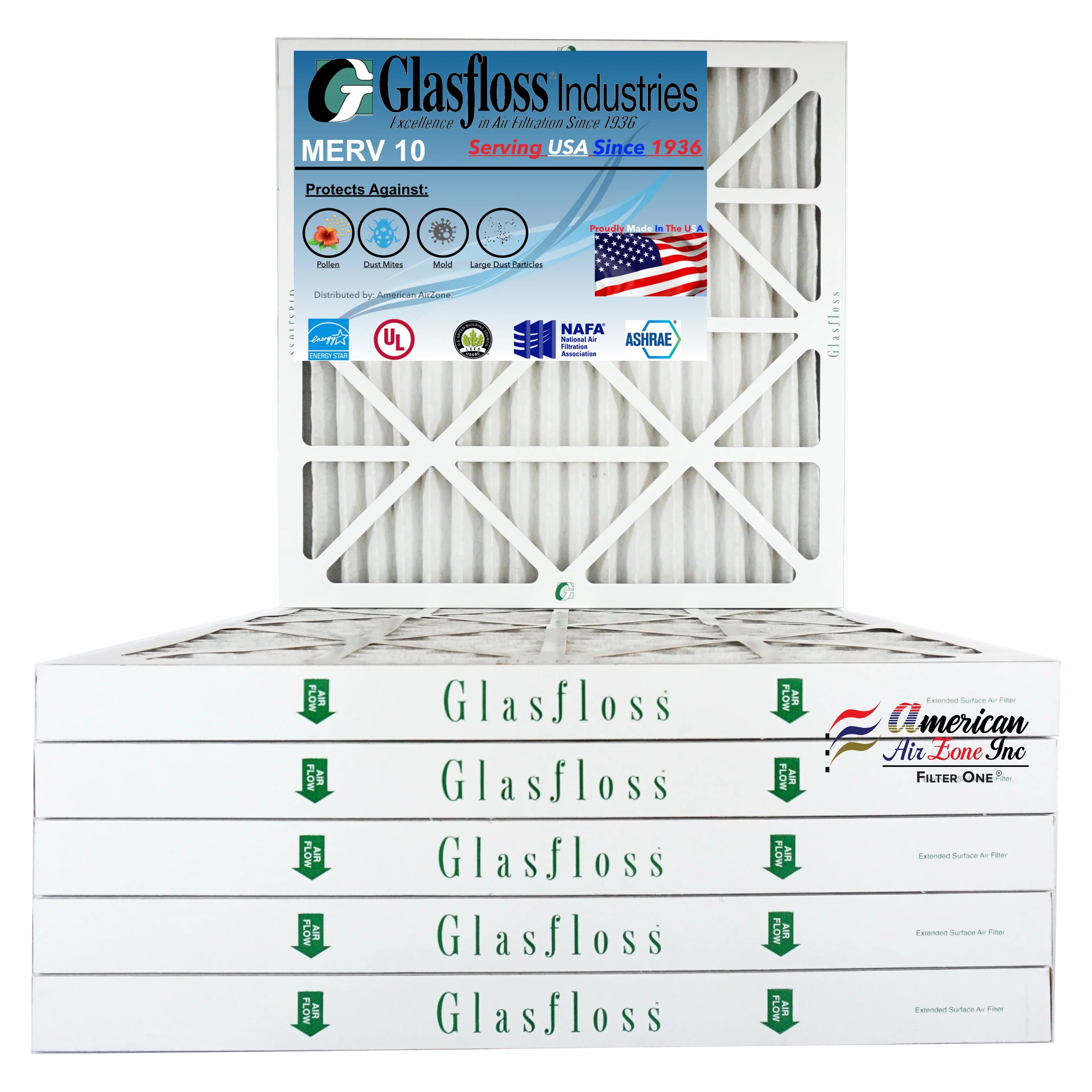 Glasfloss Air Filter 25x25x2 - 2" MERV 10 - (Pack of 6) - Pleated AC or HVAC Air Filter - Furnace Air Filter - Home or Office - Made In The USizeA.