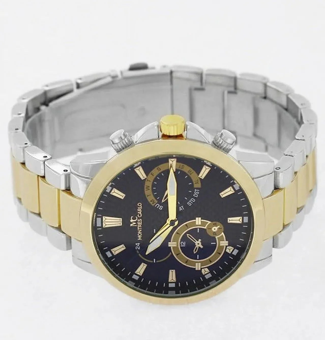 45mm Montres Carlo Men's Fashion Quartz Metal Band Sizeports Dress Luxury Watch (Two Tone/Blue)