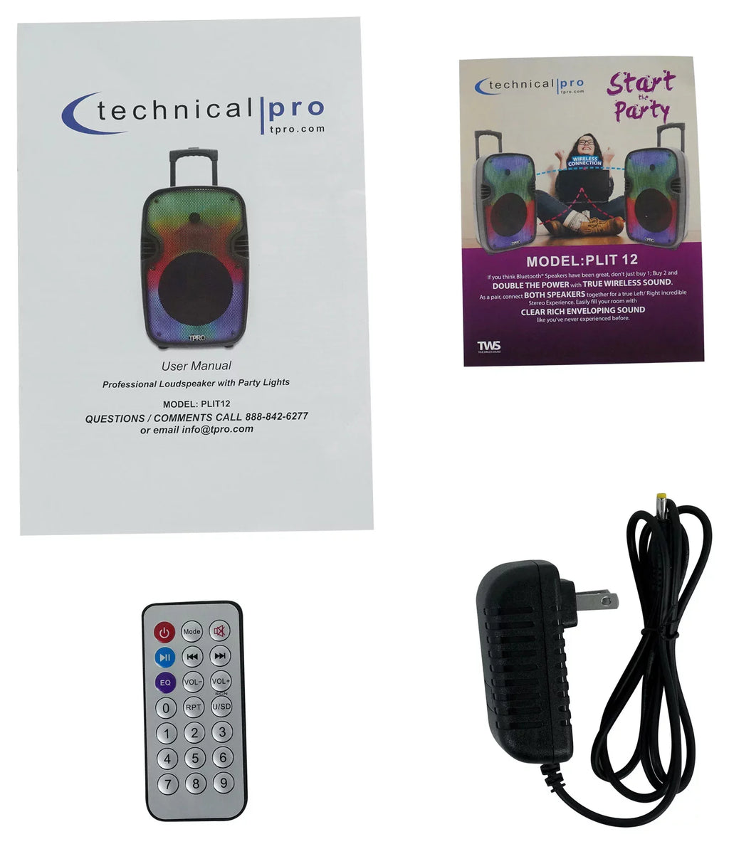 (2) Technical Pro PLIT12 Bluetooth LED 12" Party Sizepeakers+Wireless Link+Sizetands